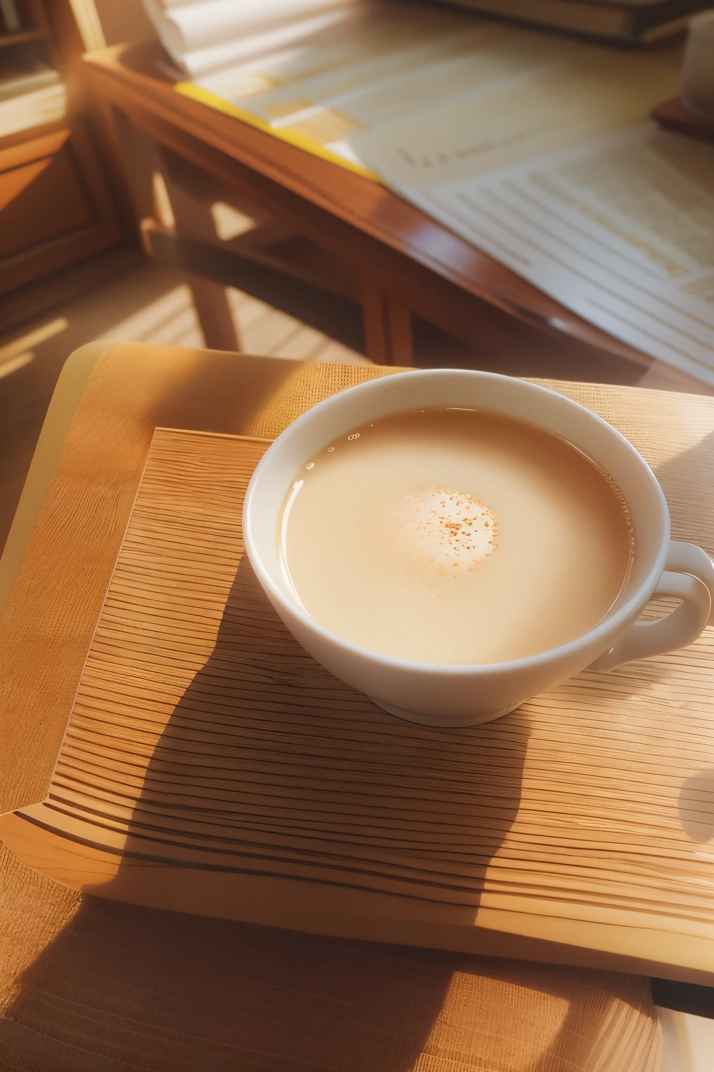 A cup of milk tea is placed on the table in the library，There was no one around，The warm afternoon sunshine