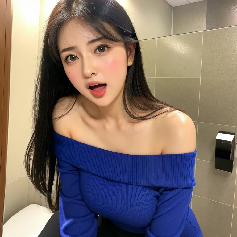 ,(tareme:1.4),kind eyes,huge breasts,(beautiful japanese woman:1.3),,straight hair,sweaty,look at viewer,off-the -shoulder,blouse,shiny skin,cleavage,fellatio gesture,at restroom stall,27 years old,open mouth