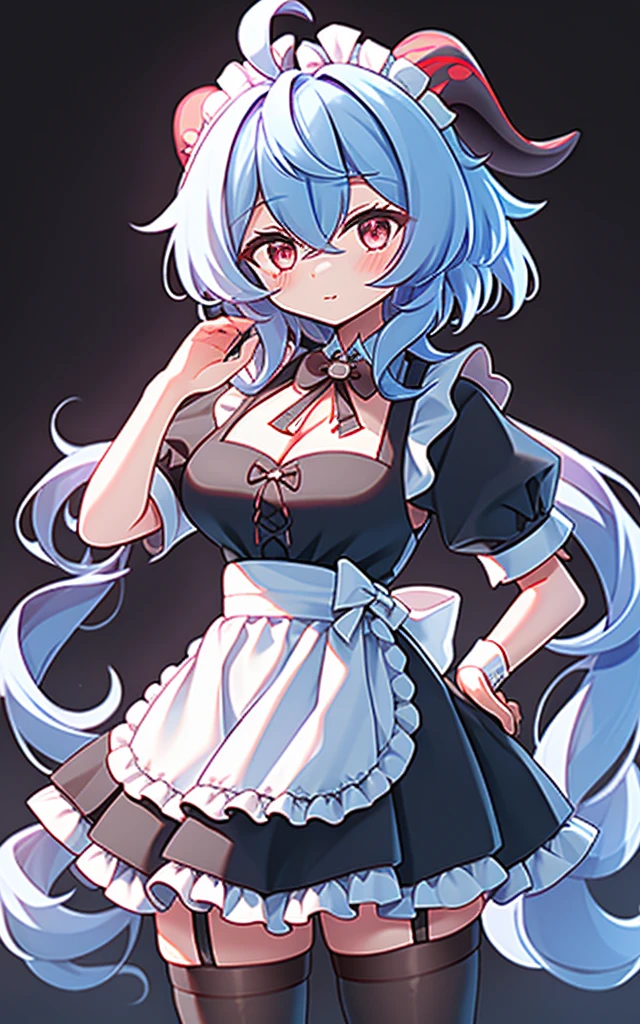 ((8K,masterpiece, best quality)),
1girl, solo, ganyu (genshin impact), breasts, horns, maid, long hair, thighhighs, blue hair, ahoge, looking at viewer, white thighhighs, holding, blush, maid headdress, apron, alternate costume, frills, cleavage, enmaided, bangs, dress, short sleeves, zettai ryouiki, black dress, purple eyes, medium breasts, goat horns, frilled dress, very long hair, standing, puffy sleeves, closed mouth, maid apron, sidelocks, white apron, cowboy shot, puffy short sleeves, simple background, red eyes, frilled apron, hair between eyes,