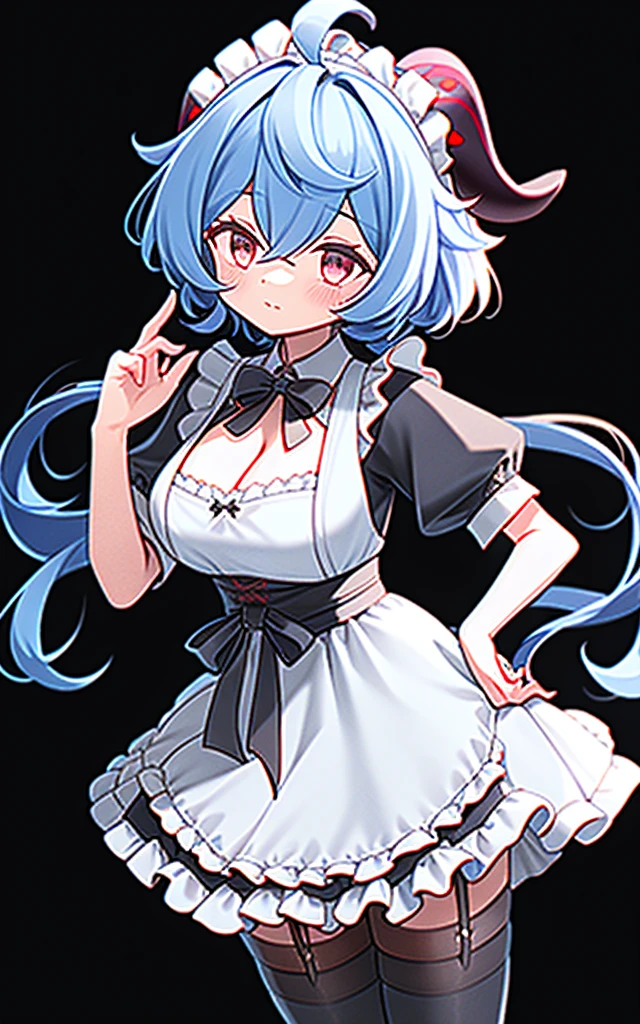 ((8K,masterpiece, best quality)),
1girl, solo, ganyu (genshin impact), breasts, horns, maid, long hair, thighhighs, blue hair, ahoge, looking at viewer, white thighhighs, holding, blush, maid headdress, apron, alternate costume, frills, cleavage, enmaided, bangs, dress, short sleeves, zettai ryouiki, black dress, purple eyes, medium breasts, goat horns, frilled dress, very long hair, standing, puffy sleeves, closed mouth, maid apron, sidelocks, white apron, cowboy shot, puffy short sleeves, simple background, red eyes, frilled apron, hair between eyes,
