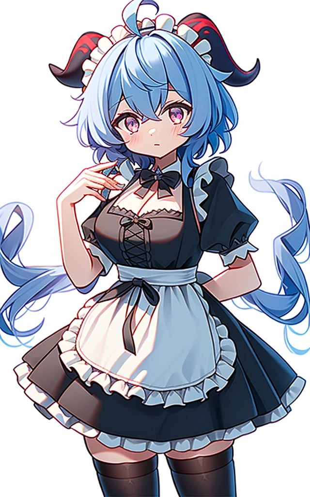 ((8K,masterpiece, best quality)),
1girl, solo, ganyu (genshin impact), breasts, horns, maid, long hair, thighhighs, blue hair, ahoge, looking at viewer, white thighhighs, holding, blush, maid headdress, apron, alternate costume, frills, cleavage, enmaided, bangs, dress, short sleeves, zettai ryouiki, black dress, purple eyes, medium breasts, goat horns, frilled dress, very long hair, standing, puffy sleeves, closed mouth, maid apron, sidelocks, white apron, cowboy shot, puffy short sleeves, simple background, red eyes, frilled apron, hair between eyes,