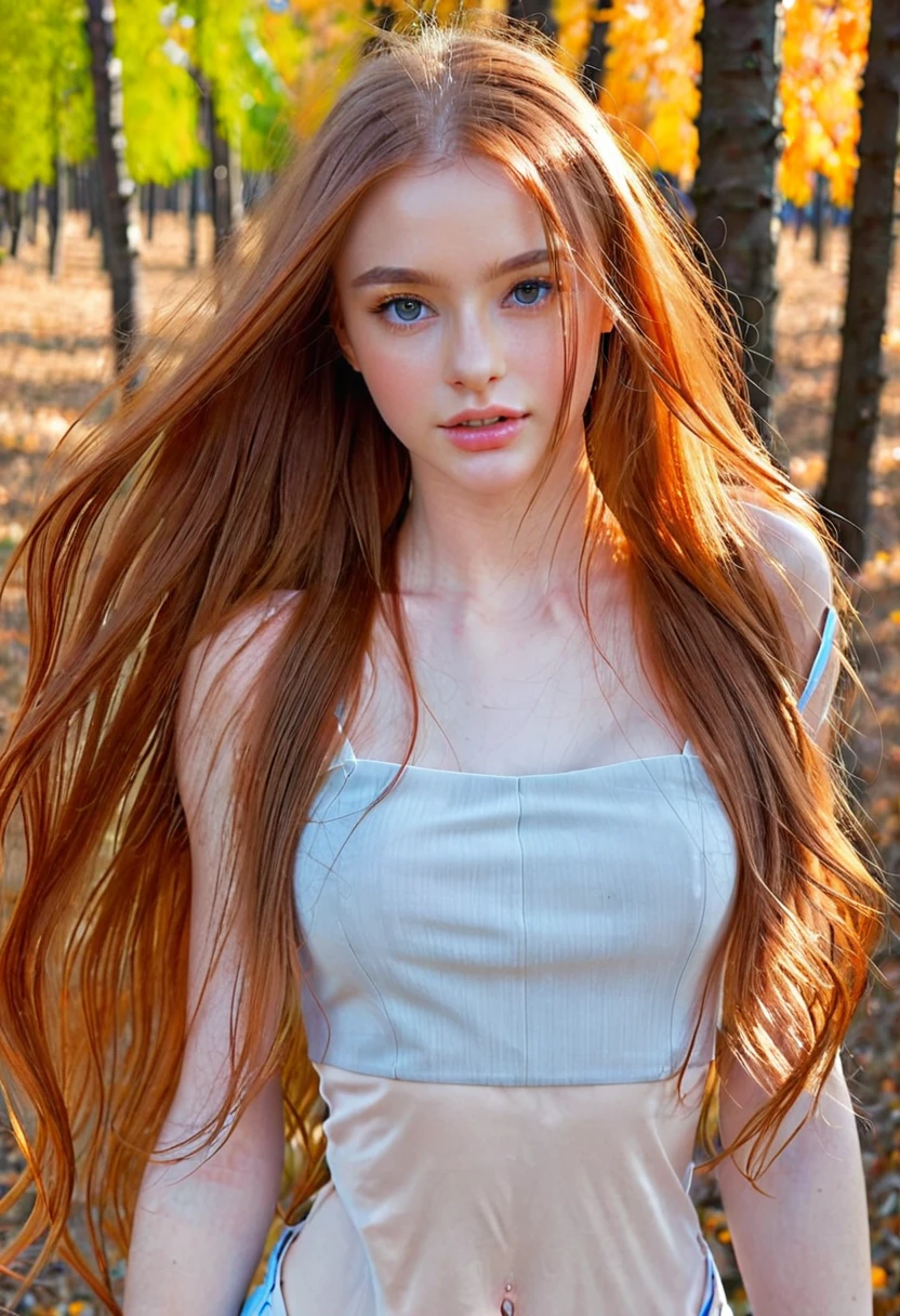 solo, very detailed, detailed face, very long hair, picture of a beautiful young woman, dasha_taran, sfw, ((natural orange hair)), beautiful natural blue eyes, High Definition RAW Photography, 16k photography, (full body), standing, delicate facial features, pretty face, detailed full body, visible from head to toe, zoomed out full body photography, detailed natural background, perfect body