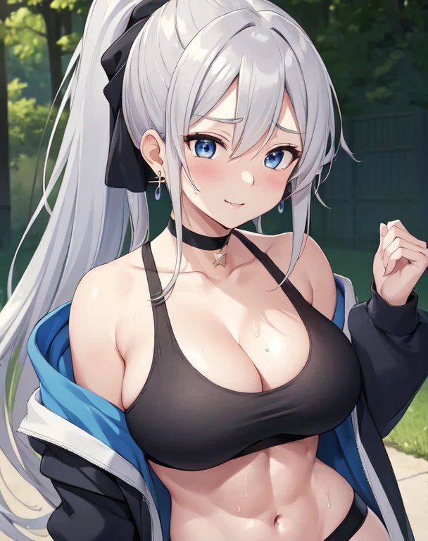 (((masterpiece))), ShizukaMikazuki, One Girl, alone, Make eye contact,Long Hair, Gray Hair, Long sleeve, Huge breasts,Cleavage, Large Breasts, Mature Body,clavicle, Jacket, Open clothes, open blue hoodie, blue hoodie, Play sports often, blue eyes,Earrings ,Choker with charm,Sweat,High Ponytail,A troubled and embarrassed face, smile,Thick lips,Increase breast size, Make the face a little smaller,Abdominal muscles,Black sports bra,Black hot pants,dusk park, 