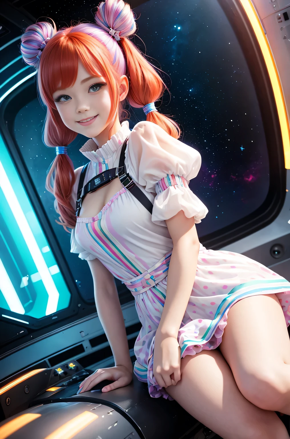 Cute redhead with rainbow colored hair tips, ribbons in her hair, 18-year-old woman, happy, smiling, in twin tails, perfect eyes, clear sparkling blue eyes, pale skin, silky smooth skin, flying a fancy metal luxurious space ship, futuristic cockpit, she's a pilot, outer space, stars in background, dark warm lighting, wearing a futuristic dress, pleated (chemise) mini dress (pastel rainbow colors, and polka dots), puffy sleeves, silk, wearing full body pantyhose, spread legs, white silk panties on, cute short cut boots.
