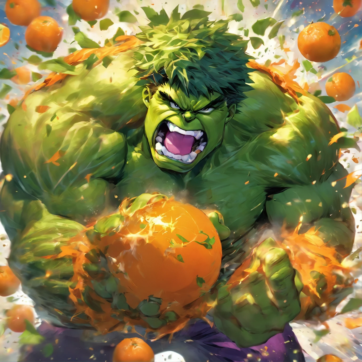 The Incredible Hulk wrestler devouring fruit 、Crush with hands、Full body portrait、mandarin orange、mandarin orangeを潰しているハルク