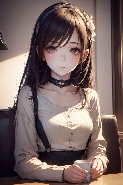 1girl, Wear casual clothes, choker, blush, coffee shop, beautiful detail eyes, (sitting having a coffee, full shot), (cinematic lighting:1.2), (detailed light:1.1), (stylized:1.3), (Highly detailed), (high resolution), (Best quality), (masterpiece)
