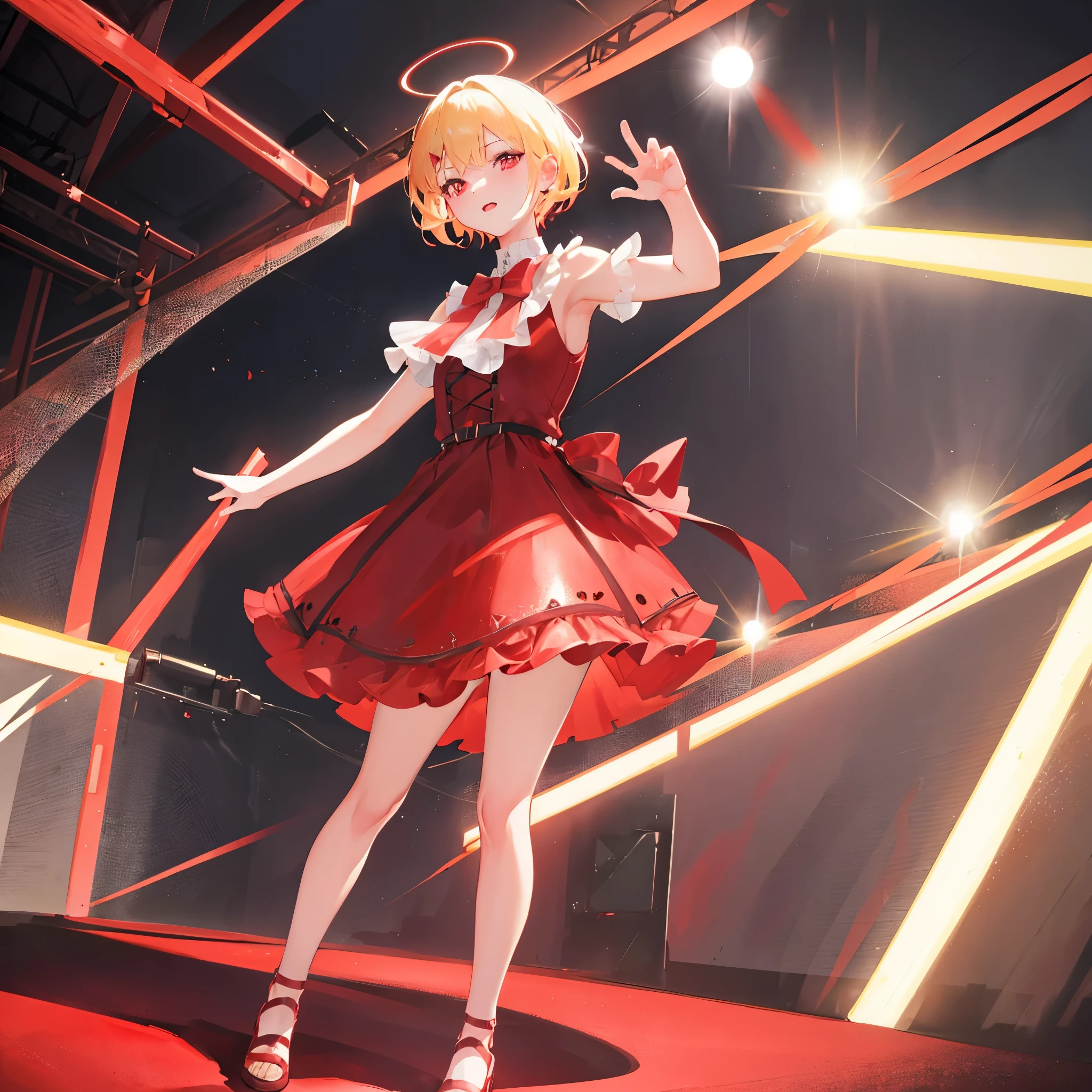 1 girl, blond short hair, red eyes, wearing a red idol dress, standing on stage, turned towards viewer,8k, high resulution