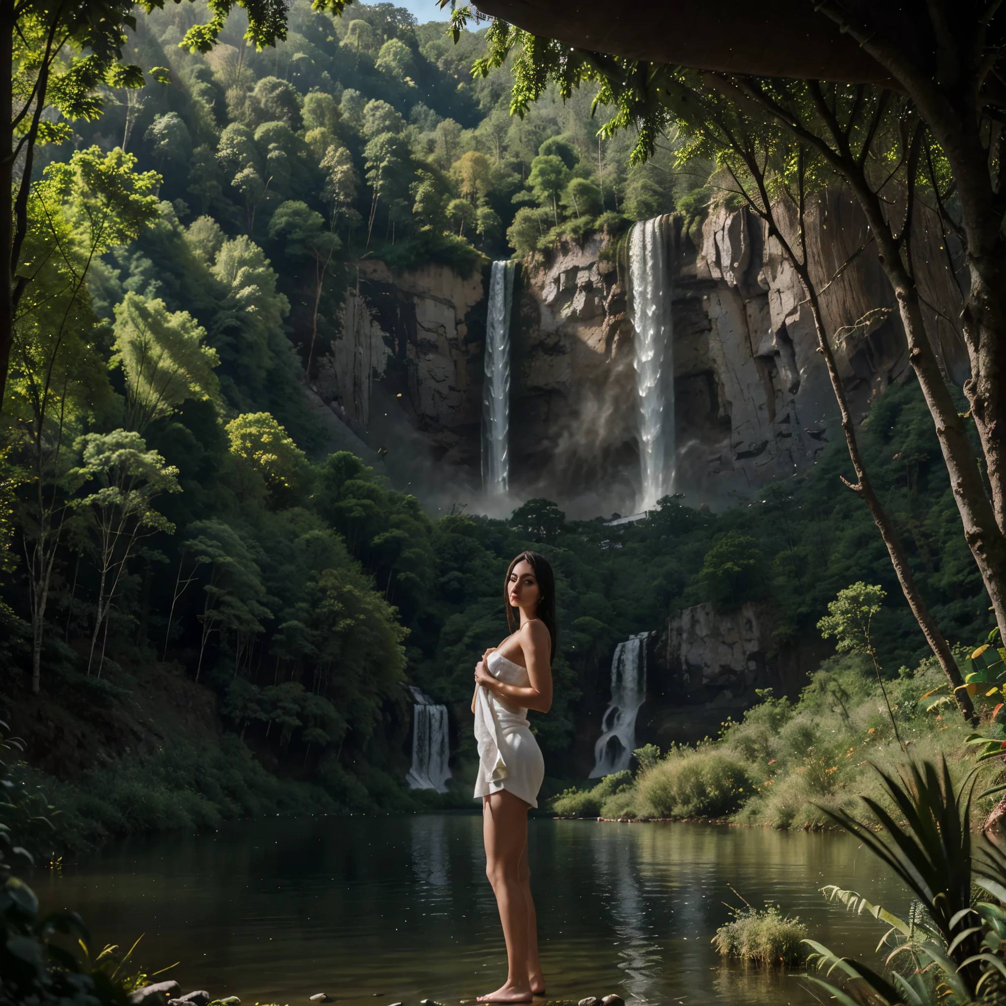 (YES SFW). Beautiful Girl, Spanish makeup, Red lips, big breasts, medium body, wrap a towel, body towel wrap, white towel, thigh, bodytowel, Looking at the viewer, stand, pose standing, lakes, (((view of the lake in the middle of the forest, waterfall))), rainfall, sunlight. Ultra photoreal shot. High details, Backlit. Diffuse lights. Viewed from afar. Dutch angle. realistic hands, wide angle. Isometric, green fog in cave, smoke around