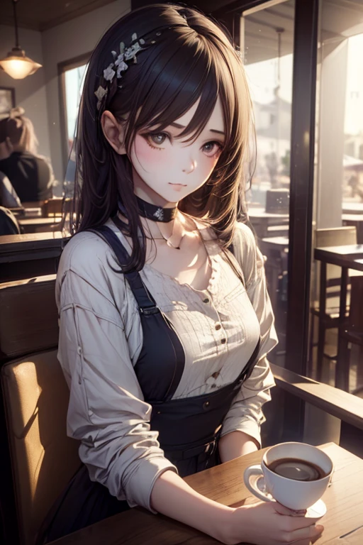 1girl, Wear casual clothes, choker, blush, coffee shop, beautiful detail eyes, realistic hands, (sitting having a coffee, full shot), (cinematic lighting:1.2), (detailed light:1.1), (stylized:1.3), (Highly detailed), (high resolution), (Best quality), (masterpiece)