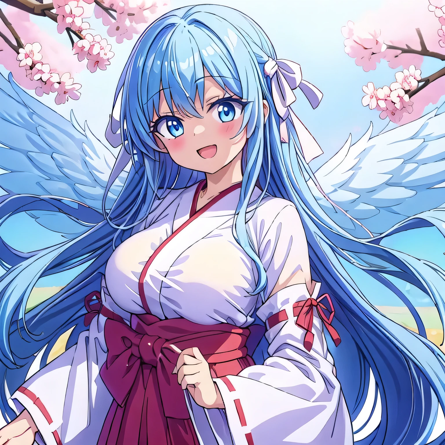 highest quality　High resolution　White ribbon　Shoelace knot　Embarrassed　Simple Shrine maiden clothes that face the front　Shrine maiden服　Anime style illustrations　Shrine maiden　cute　Big Breasts　smile　Scarlet hakama　Bright Blue Eyes　Hime cut 　One Woman　Light blue hair　semi-long　　Wide sleeves　Long hem　cute eyes　Cherry blossom background　