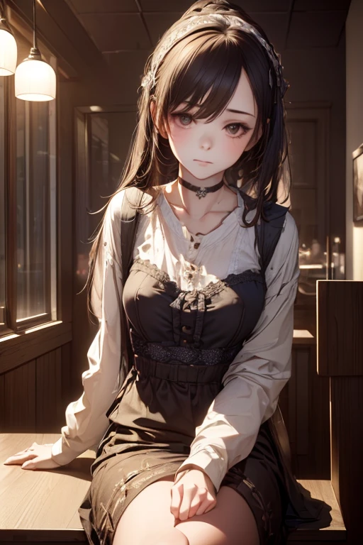 1girl, Wear casual clothes, choker, blush, coffee shop, beautiful detail eyes, realistic hands, (sitting having a coffee, full shot), (cinematic lighting:1.2), (detailed light:1.1), (stylized:1.3), (Highly detailed), (high resolution), (Best quality), (masterpiece)
