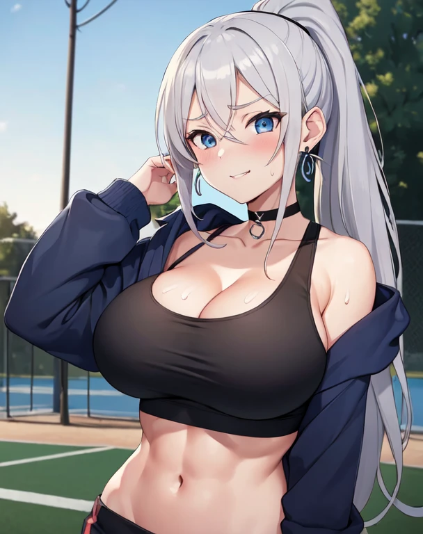 (((masterpiece))), ShizukaMikazuki, One Girl, alone, Make eye contact,Long Hair, Gray Hair, Long sleeve, Huge breasts,Cleavage, Large Breasts, Mature Body,clavicle, Open clothes, open hoodie, blue hoodie, Play sports often, blue eyes,Earrings ,Choker with charm,Sweat,High Ponytail,A troubled and embarrassed face, smile,Thick lips,Increase breast size, Make the face a little smaller,Abdominal muscles,Black sports bra,Black hot pants,,dusk park, arms behind head