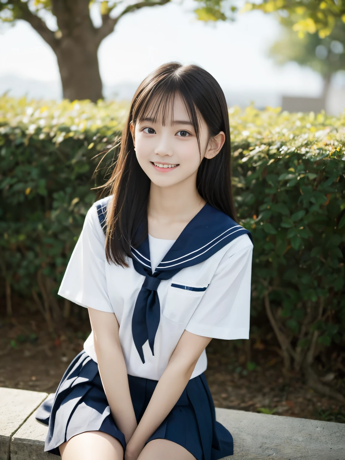 masterpiece, highest quality, 8K,  , RAW photo, disorganized, award-winning portraits, alone, noon, idol face, delicate face, Digital single-lens reflex camera, looking at the viewer, shy smile、shame、flushed cheeks、thin arms, small breasts, nipples, small ass、thin waist、Frank, Sophisticated, like々New, thin arms, professional lighting, film grain, black eyes, chromatic aberration, (detailed eyes and face:1.0), (Bokeh:1.1),(hyper pretty face:1.2)、(beauty new face:1.2),Japan Traditional High School Uniforms, (white short sleeve sailor uniform:1.2), Black Hair, Middle straight hair, bangs, (Japanese), w sitting, above the knee