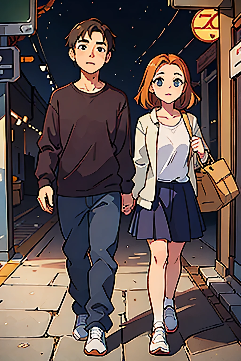 Young couple in casual clothes, eight head body travel scenery full body portrait
