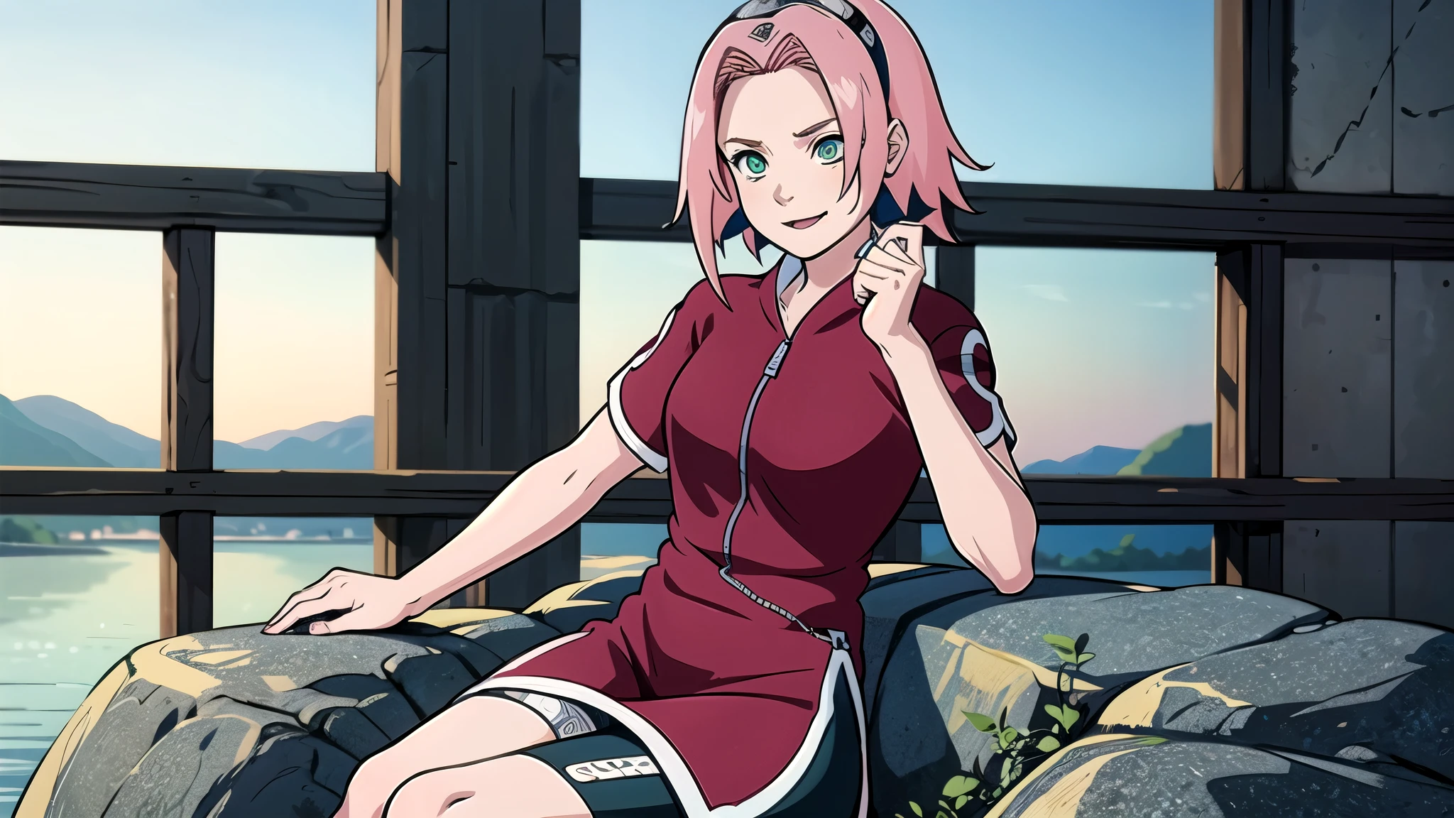 1girl, Haruno Sakura, with her tongue out, showcasing her vibrant pink hair and mesmerizing green eyes. She has a stylish short haircut and wears a forehead protector, symbolizing her ninja identity. Sakura is dressed in a casual outfit, consisting of short sleeves and comfortable bike shorts. She is positioned gracefully, sitting on a picturesque rock in a vibrant natural environment. The meticulous attention to detail in this artwork is truly awe-inspiring, making it a masterpiece in terms of both artistic skill and visual impact. The overall image quality is of the highest standard, with the utmost attention given to every minute detail. The realism and photorealism of this piece are truly remarkable, making it an exquisite creation. The colors used in this artwork are vivid and vibrant, enhancing the overall composition and bringing the scene to life. The lighting in the artwork is carefully selected, illuminating the subject and creating an atmosphere of beauty and serenity.