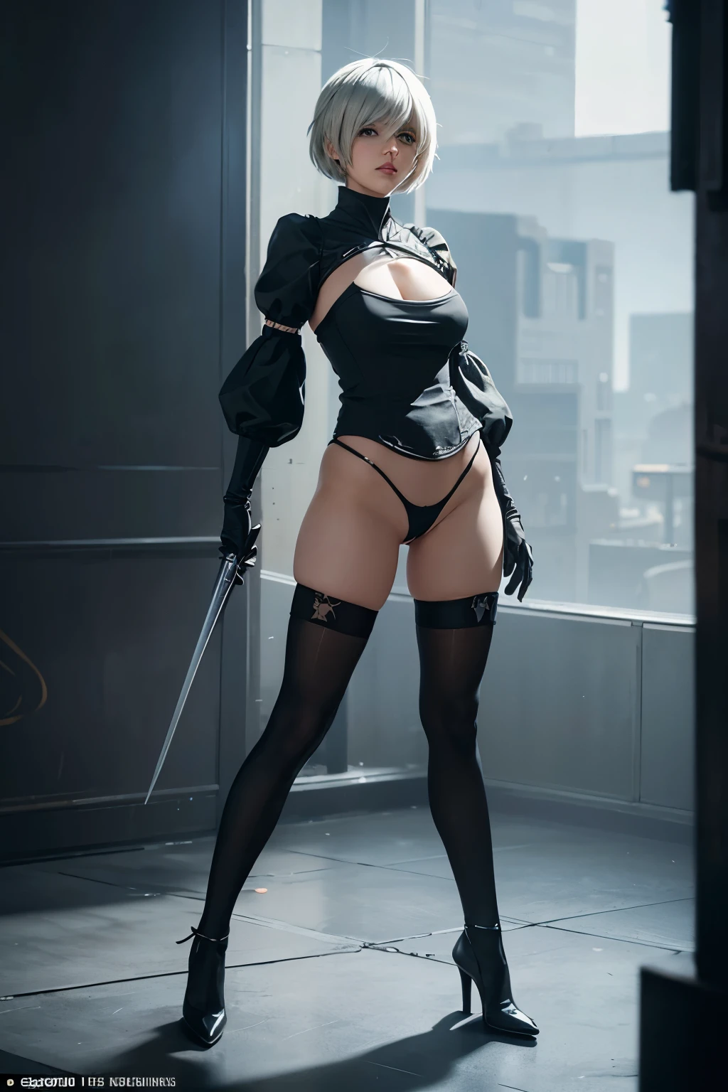 2B from nier automata, stands leaned forward, tiny tits, wide hips, side view, ultradetailed image, masterpiece, full body image,