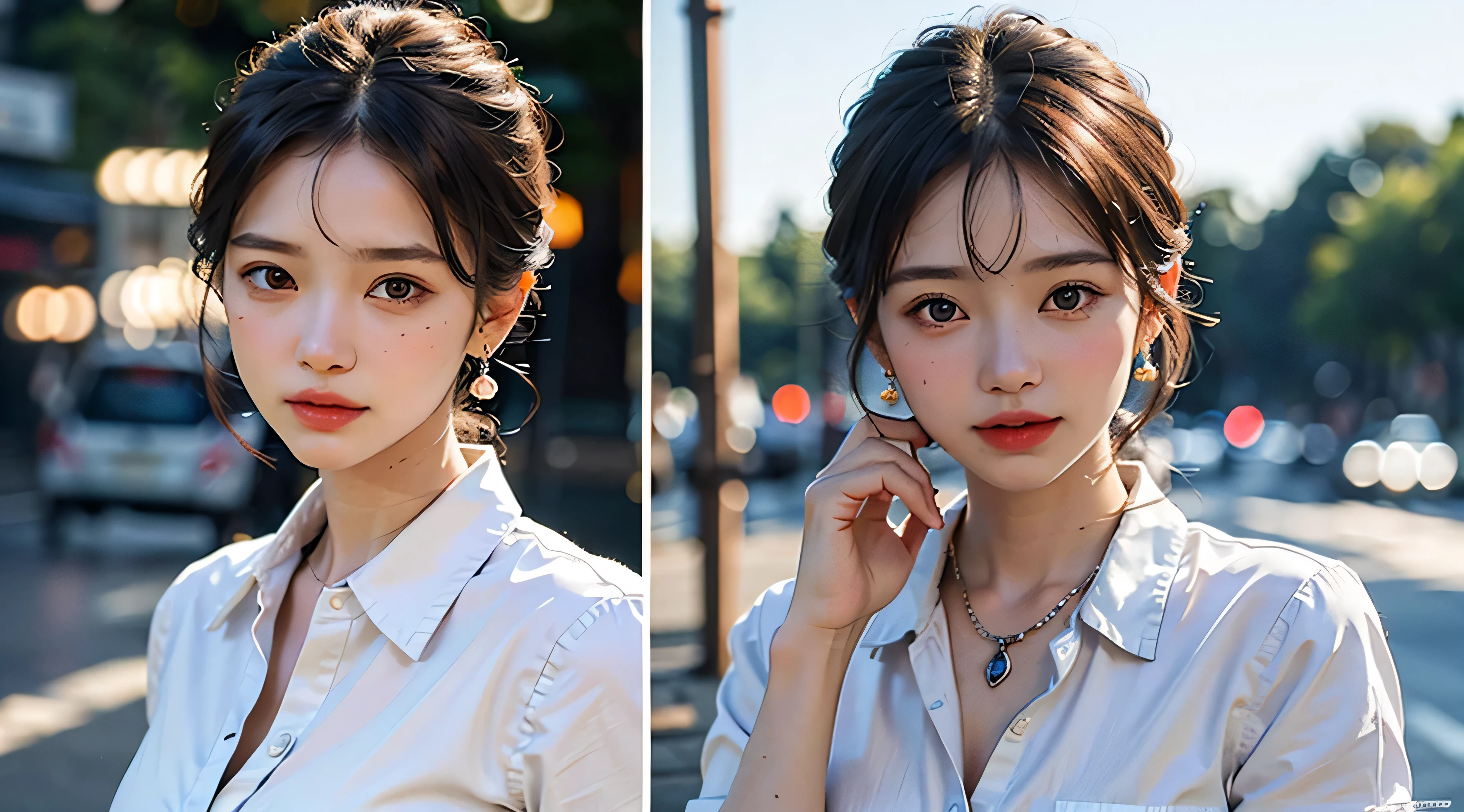 (Buttons down to shirt length:1.2)、(Rain-soaked white shirt)、(Unbuttoned shirt:1.1)、big、Deep valley、highest quality、masterpiece、Like the picture、Pose for taking a photo、The whole body is shown、Very delicate and beautiful、Very detailed、CG、Unity、8k wallpaper、Amazing、Fine details、Very detailed CG Unity 8K wallpaper、Huge file sizes、Very detailed、High resolution、 Handsome detailed woman、Very detailedな目と顔、Stunningly detailed eyes、Face light、(Best illustrations:1.1)、(Best Shadow:1.1)、超High resolution、(Photorealistic:1.1)、(Photorealistic1.2:1.1)、Realistic facial proportions、slim、smile、(Makeup:0.4)、(Fluffy black eye:1.21)、black eye、Watch Dark Brown Hair、Earrings、necklace、hairpin、Cowboy Shot、skin tone cleansing、(Irregular irregular skin imperfections、vein、Wrinkled pores: 1.2)、(Dark Night Background:1.2)、(Bokeh:1.4)、--s 1000
