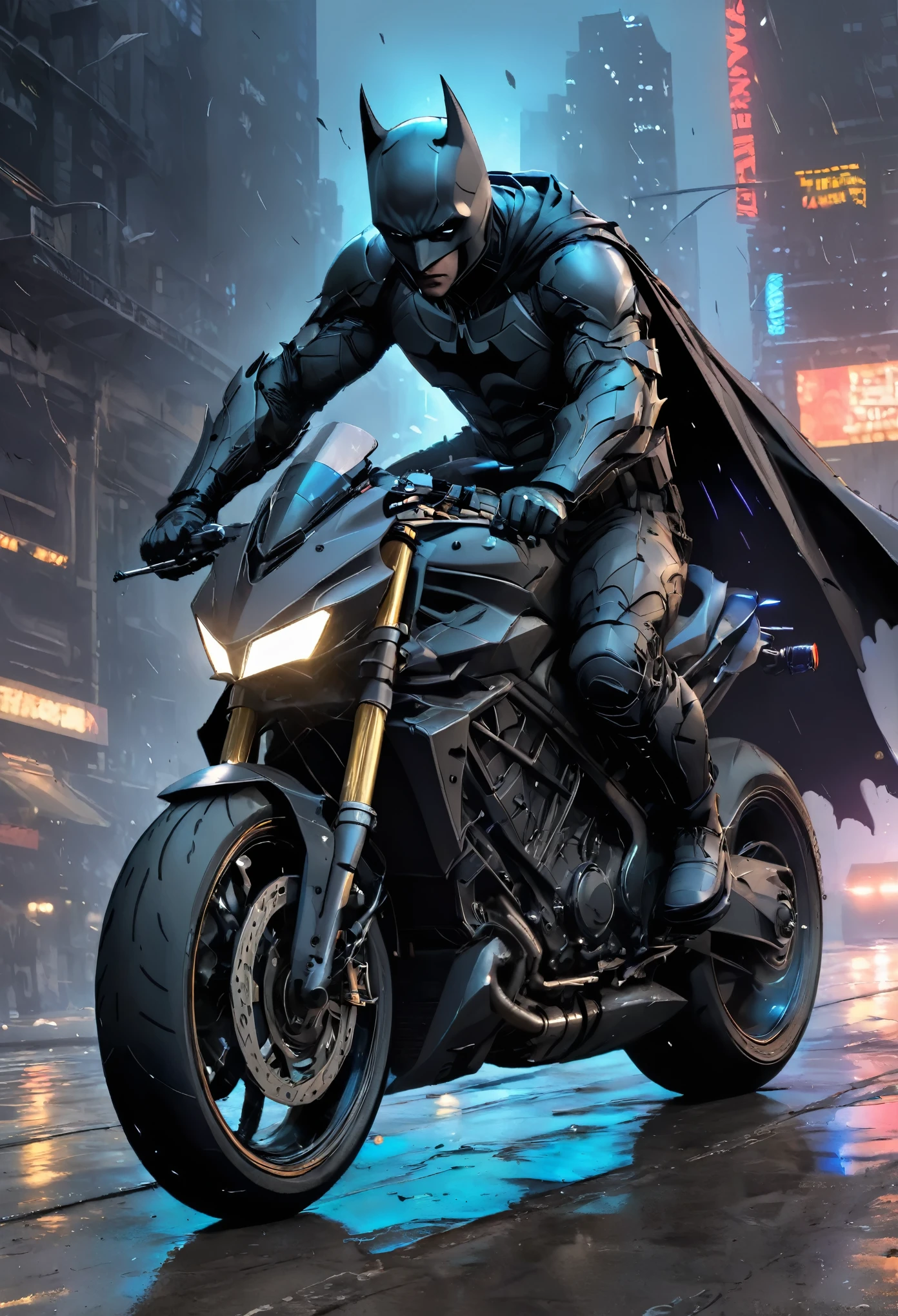 Enveloped by the cloak of night, the Dark Knight emerges atop his sleek and elegant futuristic bat bike, a beacon of strength and resolve amidst the swirling chaos of Gotham's shadows. Inspired by the visionary style of Zack Snyder, this captivating illustration delves deep into the heart of darkness, where refined elegance clashes with the gritty reality of urban decay. With each stroke, the scene pulsates with raw emotion, capturing the timeless allure of the Dark Knight as he navigates the treacherous streets with unwavering confidence and poise.

In this mesmerizing portrayal, tranquility reigns supreme amidst the turmoil, offering a glimpse of growth and transformation in a world teetering on the brink of destruction. The mesmerizing design of the bat bike, a symbol of technological prowess and innovation, adds depth and texture to the scene, casting a spell that draws viewers into a cinematic realm where elegance meets grit.

Prepare to be transported to a world where the neon glow of the cityscape illuminates the path of the vigilante, where every rev of the engine echoes with the promise of justice. This is more than just an illustration; it's a journey into the depths of the human spirit, where hope flickers even in the darkest of nights., poster, illustration, conceptual art