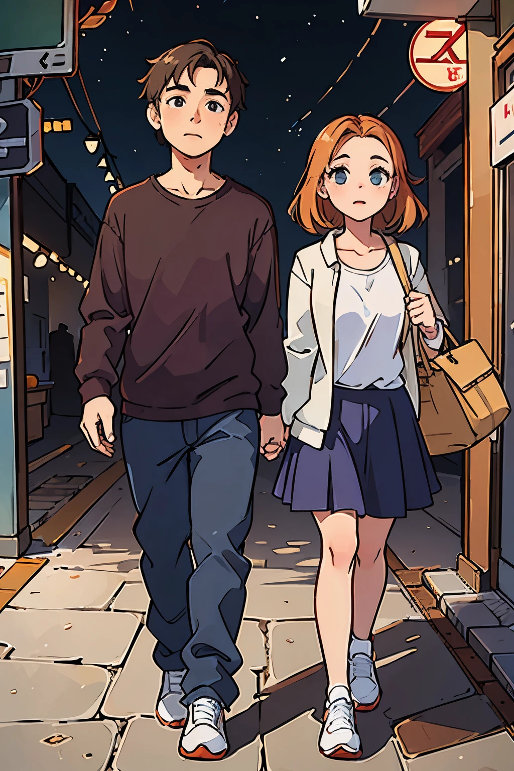Young couple in casual clothes, eight head body travel scenery full body portrait