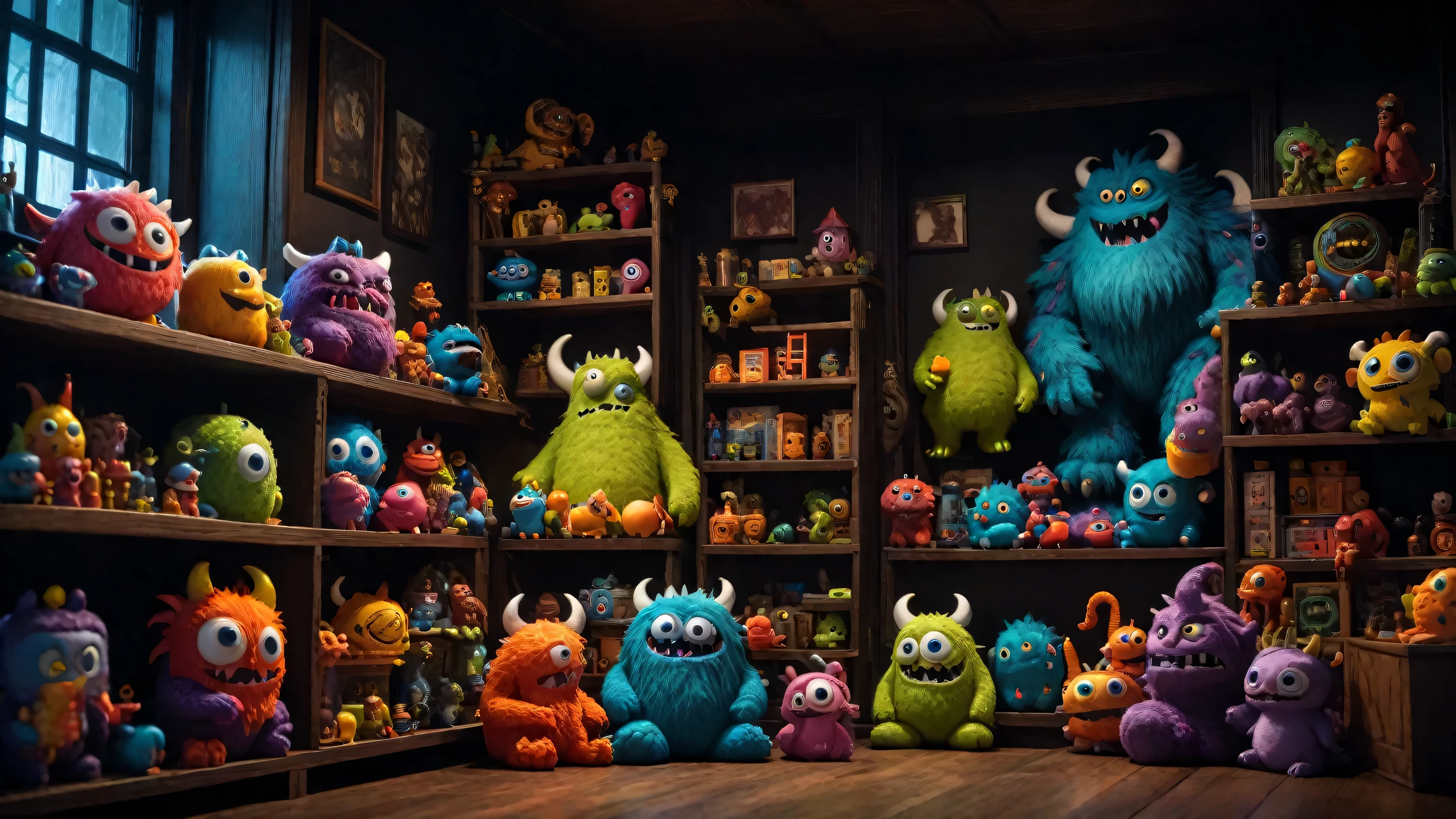 Cute Monster, Long tail, Big, Round eyes. Monster、Sitting on a mysterious, cluttered shelf, Dark Environment. Colorful monsters are lined up around the shelves, Some are asleep, While others play with toys. The environments are very detailed, The walls and floors are intricately carved, Perfect cinema lighting for every detail. The product photos are perfect, Capture every angle and texture of the monster and its surroundings. Perfect setting for a horror movie, Ominous foreboding and danger lurking around every corner.. The scene is rendered in 8K., Every pixel is perfectly defined、distinct.