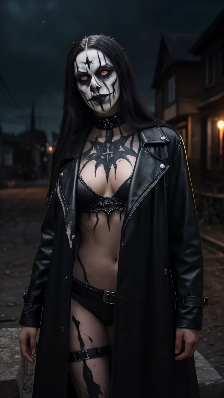 (masterpiece, best quality:1.2), (((1girl ))) , solo, highres, best quality, Half body shot of a Hot girl, young, 19yo, redhead, pale white skin with (((black metal corpsy paint))), heavy White and Black face paint, wearing a black overcoat, spike, in a gothic cemitery, at night, horror movie. high details, super detail, textured skin, masterpiece, UHD, 4K, 8k. ((Cinematic lighting)). Gothic cemitery background 