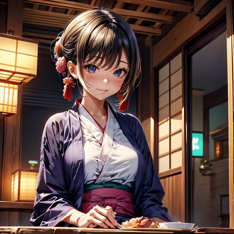 A woman in a yukata eating zenzai at a Japanese-style cafe　Tight clothing　highest quality