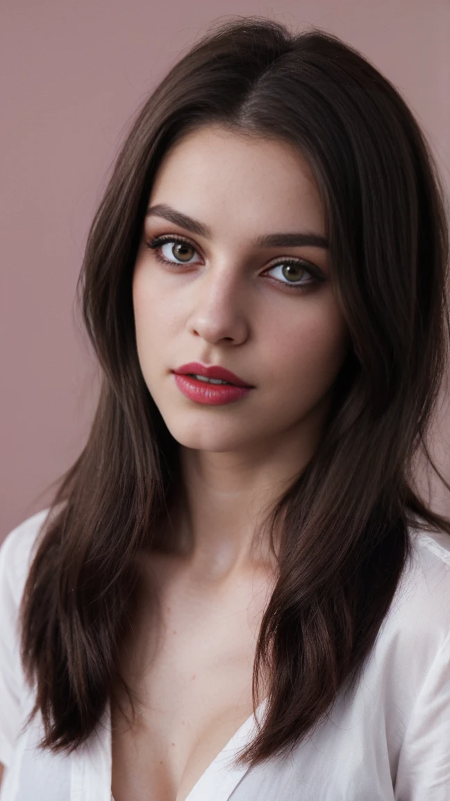 brunette chest length hairstyle, (raw photo), (realism: 1.8), (glossy red lipstick, a lot of eyelashes, dark black eyeshadow, high quality, a high resolution, depth of field, Chromatic aberration, caustic, wide light, dark pink light shiny skin, (19-year-old woman), stylish student, white shirt-blue jeans, a lot of exposure, visible resolution 8k, breast size 3