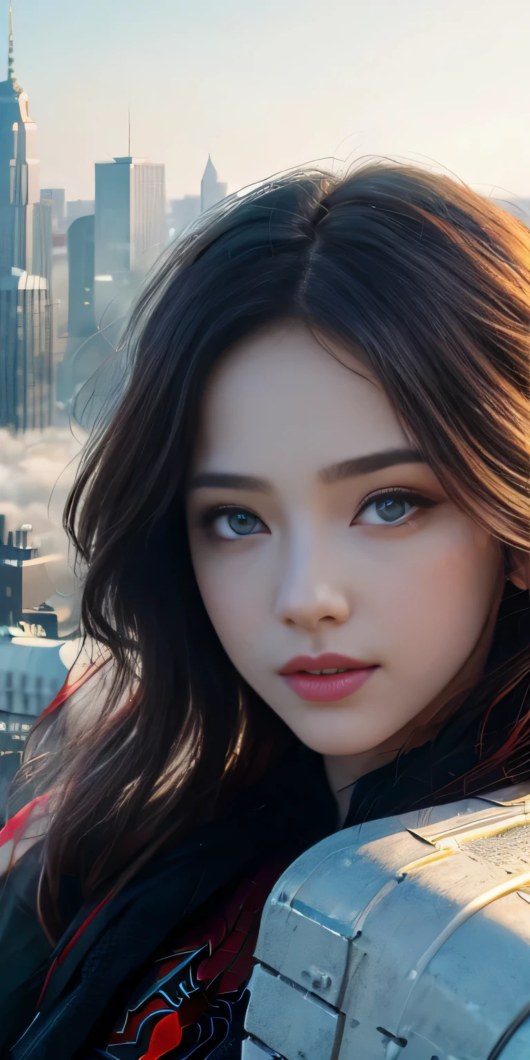(1girl:1.3), Solo, (((Very detailed face)))), ((Very detailed eyes and face)))), Beautiful detail eyes, Body parts__, Official art, Unified 8k wallpaper, Super detailed, beautiful and beautiful, beautiful, masterpiece, best quality, original, masterpiece, super fine photo, best quality, super high resolution, realistic realism, sunlight, full body portrait, amazing beauty, dynamic pose, delicate face, vibrant eyes, (from the front), She wears Spider-Man suit, red and black color scheme, spider, very detailed city roof background, rooftop, overlooking the city, detailed face, detailed complex busy background, messy, gorgeous, milky white, highly detailed skin, realistic skin details, visible pores, clear focus, volumetric fog, 8k uhd, DSLR, high quality, film grain, fair skin, photo realism, lomography, futuristic dystopian megalopolis, translucent