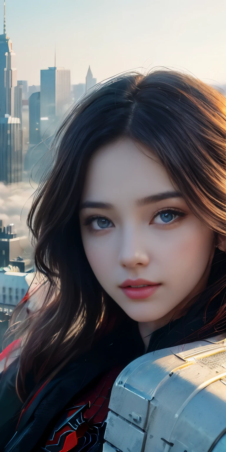 (1girl:1.3), Solo, (((Very detailed face)))), ((Very detailed eyes and face)))), Beautiful detail eyes, Body parts__, Official art, Unified 8k wallpaper, Super detailed, beautiful and beautiful, beautiful, masterpiece, best quality, original, masterpiece, super fine photo, best quality, super high resolution, realistic realism, sunlight, full body portrait, amazing beauty, dynamic pose, delicate face, vibrant eyes, (from the front), She wears Spider-Man suit, red and black color scheme, spider, very detailed city roof background, rooftop, overlooking the city, detailed face, detailed complex busy background, messy, gorgeous, milky white, highly detailed skin, realistic skin details, visible pores, clear focus, volumetric fog, 8k uhd, DSLR, high quality, film grain, fair skin, photo realism, lomography, futuristic dystopian megalopolis, translucent