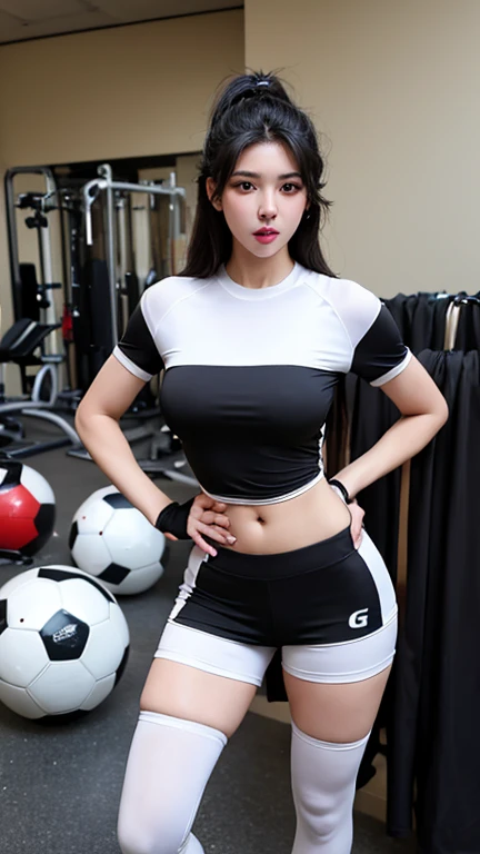 beautiful girl,sexy,black hair tie,brown eyes,G cup breasts,Wearing a white and black striped football player uniform.,standing in the gym