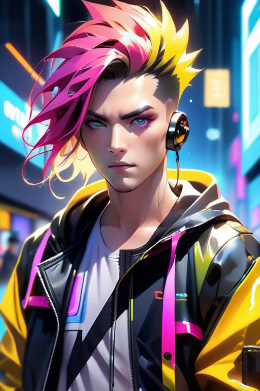 ((highest quality)), ((masterpiece)), (Very detailed:1.3), ((Anime Style)) ,High resolution (High Dynamic Range),Ray Tracing,NVIDIA,Super Resolution,Scattered beneath the surface,Post-processing,Anisotropic Filtering,,Two-tone lighting,White balance,Three-part method,8K RAW, (Long Hair, pink headphones) alone, manly cyber punk man with thick voluminous hair wearing a leather hooded jacket, Lucy \(cyber punk\),((Yellow Jacket)), ((Open jacket)), Hip Hop Pants, (Removable sleeves), Pouch, (Gray Hair), (Multicolored Hair), (Beautiful detailed hair) ,(Blowing hair), Red eyeliner, Stronger men, Beautiful Eyes, detailed beautiful Shiny skin, cute, Perfect Skin, Shiny skin, 30 years old , (Small breasts), Sharp Face, (abdomen:1.2), (Depressing), (anger), Sweat, Wet, neon, cyber punk, SF,(Combat Stance), (Golden wire), (Tight waist:1.4), View your viewers, Cinema Lighting, (manga:1.1), (Various cluttered and messy backgrounds:1.1), (Particles of light), (Rich details),(amazing), (Dynamic point of view shots, Medium Shot), Portraiture, (Sharp focus) , Colorful light, night, (cyber punk shopping mall background), standing in a shopping mall, Futuristic, ((cyber punk background)), Mysterious, Fantasy