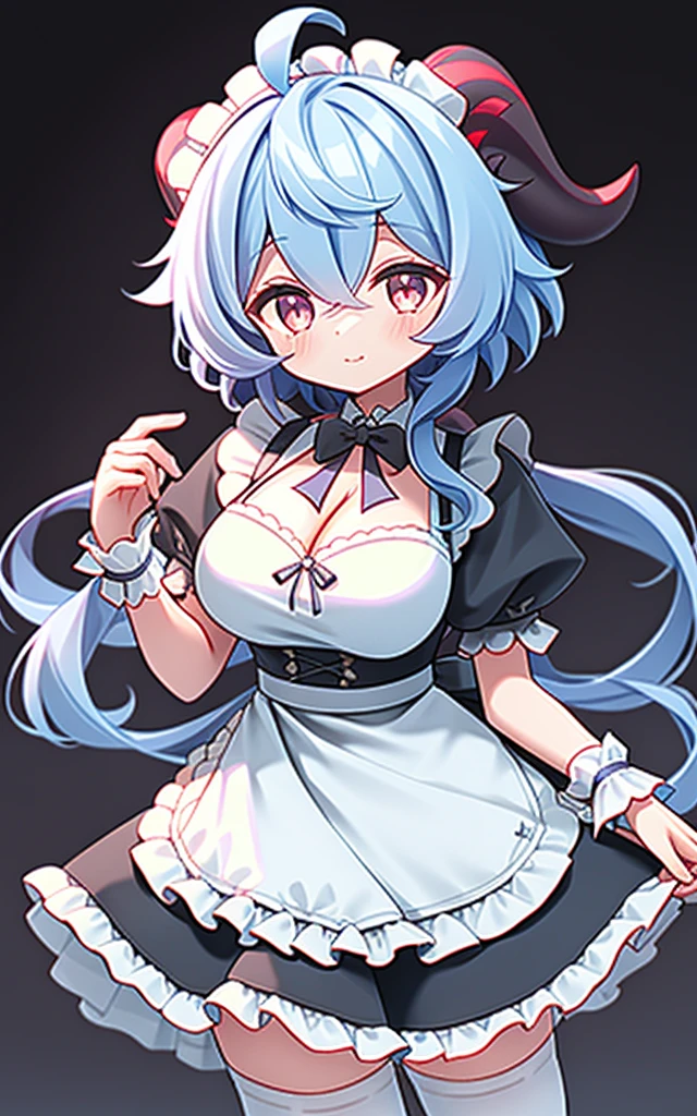 ((8K, Masterpiece, highest quality)), 1 girl, solo, Ganyu (Genshin), breasts, horns, maid, long hair, thigh-high socks, blue hair, ahoge, looking at viewer, white stockings, holding, blush, maid headdress, apron, alternative costume, frills, cleavage, enmaid, bangs, dress, short sleeves, absolute area, black dress, purple eyes, medium breasts, goat horns, frilly dress, very long hair, standing Puffy sleeves, closed mouth, maid apron, side locks, white apron, cowboy shot, puffy short sleeves, red eyes, frilly apron, hair between the eyes, (colorful cloud background blur),