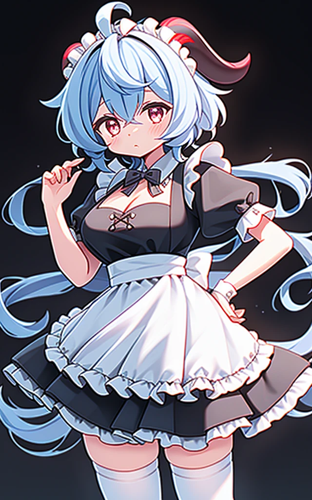 ((8K,masterpiece, best quality)),
1girl, solo, ganyu (genshin impact), breasts, horns, maid, long hair, thighhighs, blue hair, ahoge, looking at viewer, white thighhighs, holding, blush, maid headdress, apron, alternate costume, frills, cleavage, enmaided, bangs, dress, short sleeves, zettai ryouiki, black dress, purple eyes, medium breasts,  goat horns, frilled dress, very long hair, standing, puffy sleeves, closed mouth, maid apron, sidelocks, white apron, cowboy shot, puffy short sleeves, simple background, red eyes, frilled apron, hair between eyes, Colorful clouds blurred background,