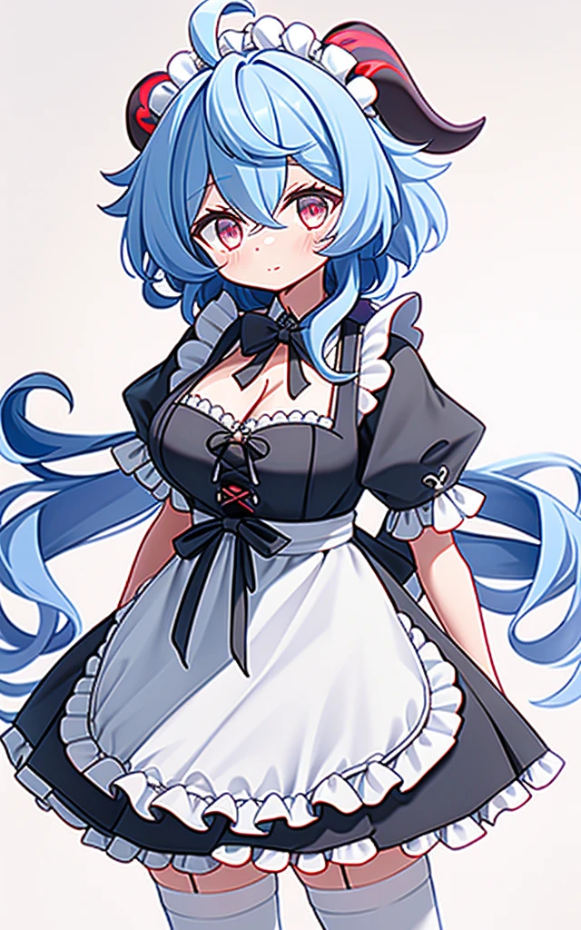 ((8K,masterpiece, best quality)),
1girl, solo, ganyu (genshin impact), breasts, horns, maid, long hair, thighhighs, blue hair, ahoge, looking at viewer, white thighhighs, holding, blush, maid headdress, apron, alternate costume, frills, cleavage, enmaided, bangs, dress, short sleeves, zettai ryouiki, black dress, purple eyes, medium breasts,  goat horns, frilled dress, very long hair, standing, puffy sleeves, closed mouth, maid apron, sidelocks, white apron, cowboy shot, puffy short sleeves, simple background, red eyes, frilled apron, hair between eyes, Colorful clouds blurred background,