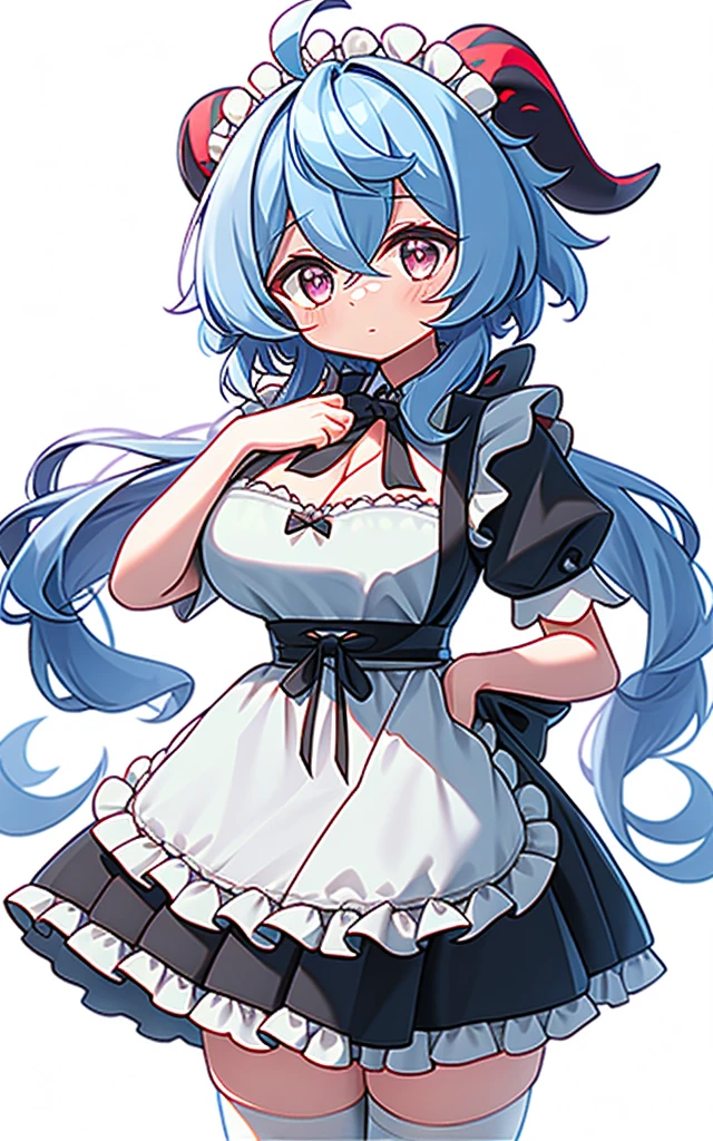 ((8K,masterpiece, best quality)),
1girl, solo, ganyu (genshin impact), breasts, horns, maid, long hair, thighhighs, blue hair, ahoge, looking at viewer, white thighhighs, holding, blush, maid headdress, apron, alternate costume, frills, cleavage, enmaided, bangs, dress, short sleeves, zettai ryouiki, black dress, purple eyes, medium breasts,  goat horns, frilled dress, very long hair, standing, puffy sleeves, closed mouth, maid apron, sidelocks, white apron, cowboy shot, puffy short sleeves, simple background, red eyes, frilled apron, hair between eyes, Colorful clouds blurred background,