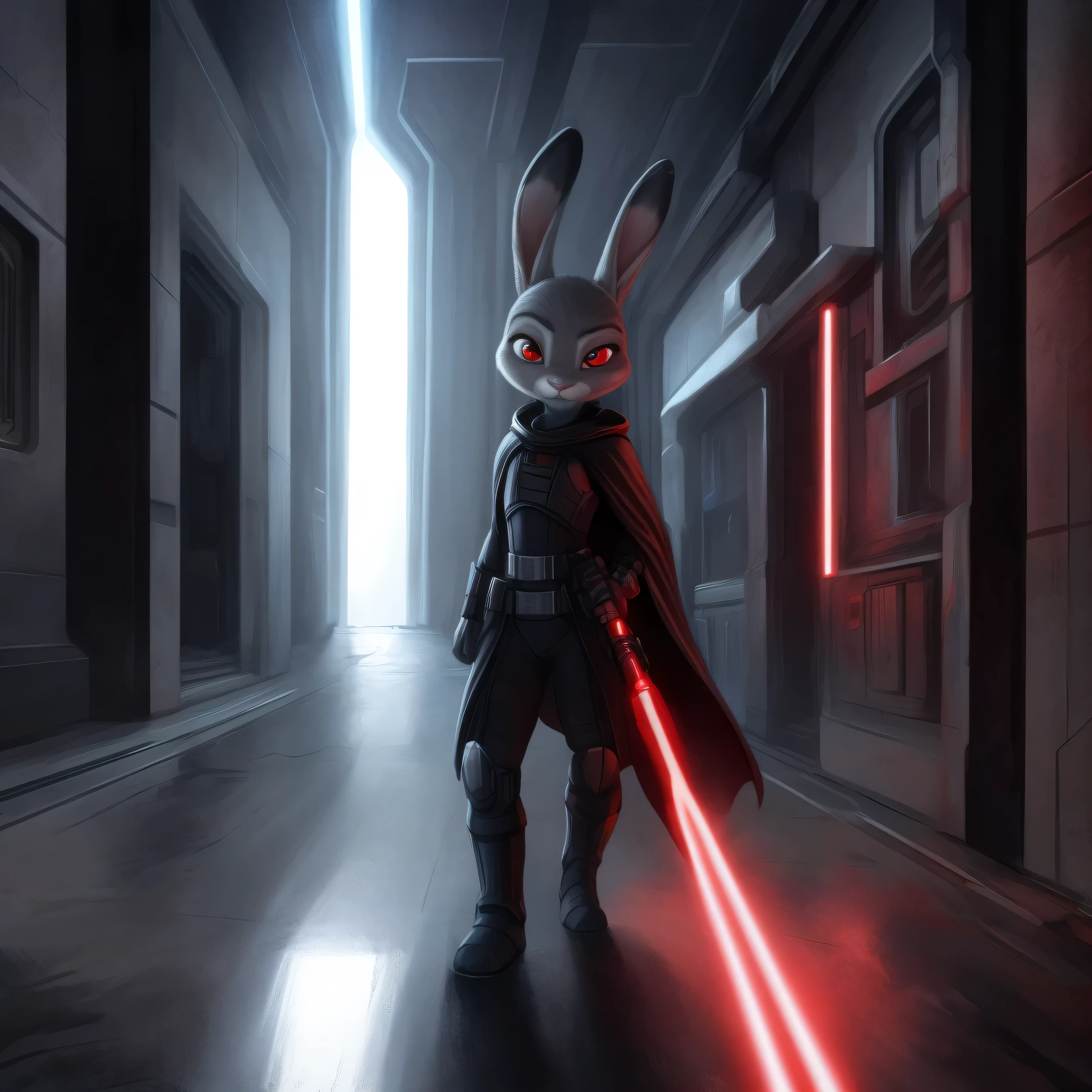 Judy Hopps, red eyes, glowing eyes, pokerface, ready to attack, red lightsaber, black cape, Darth Vaders outfit, in the shadow, spaceship corridor, window, space