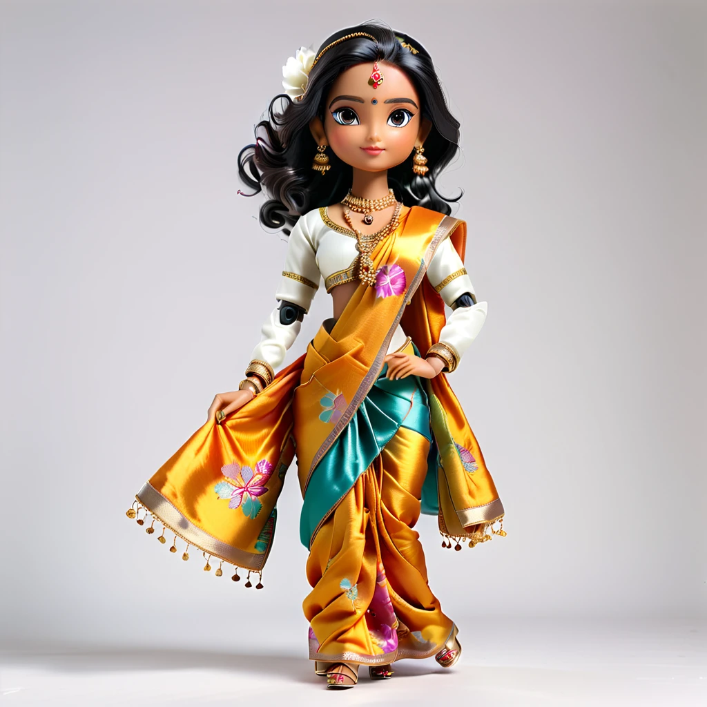 (Blind Box Spielzeug Stil:1.2), full body, solo, white background, (A Indian female robot in a Silk Banarasi Saree, high heels), (Indian color, Very colorful), 3D