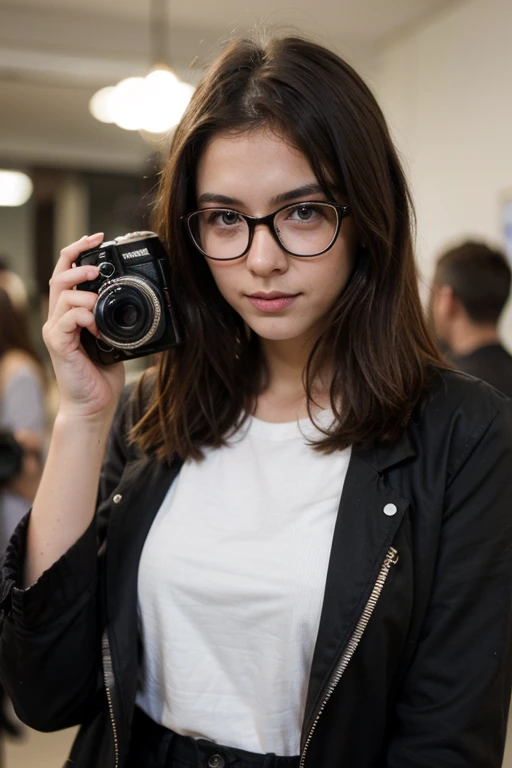 Beautiful girl in glasses takes photo with camera