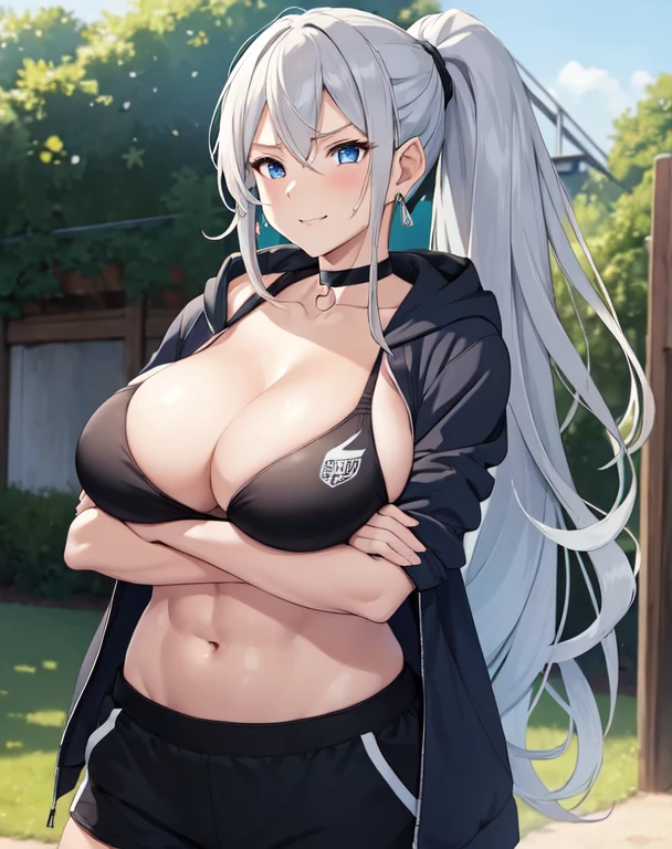 (((masterpiece))), ShizukaMikazuki, One Girl, alone, Make eye contact,Long Hair, Gray Hair, Long sleeve, Huge breasts,Cleavage, Large Breasts, Mature Body,clavicle, Jacket, Open clothes, open Jacket, blue hoodie, Play sports often, blue eyes,Earrings ,Choker with charm,Sweat,High Ponytail,A troubled and embarrassed face, smile,Thick lips,Increase breast size, Make the face a little smaller,Abdominal muscles,Black sports bra,Black hot pants,dusk park, crossed arms