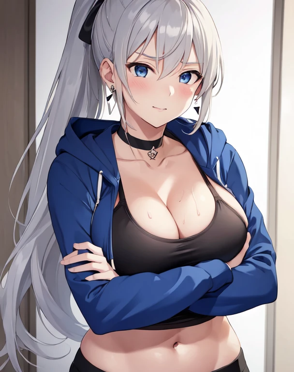 (((masterpiece))), ShizukaMikazuki, One Girl, alone, Make eye contact,Long Hair, Gray Hair, Long sleeve, Huge breasts,Cleavage, Large Breasts, Mature Body,clavicle, Jacket, Open clothes, open Jacket, blue hoodie, Play sports often, blue eyes,Earrings ,Choker with charm,Sweat,High Ponytail,A troubled and embarrassed face, smile,Thick lips,Increase breast size, Make the face a little smaller,Abdominal muscles,Black sports bra,Black hot pants,dusk park, crossed arms