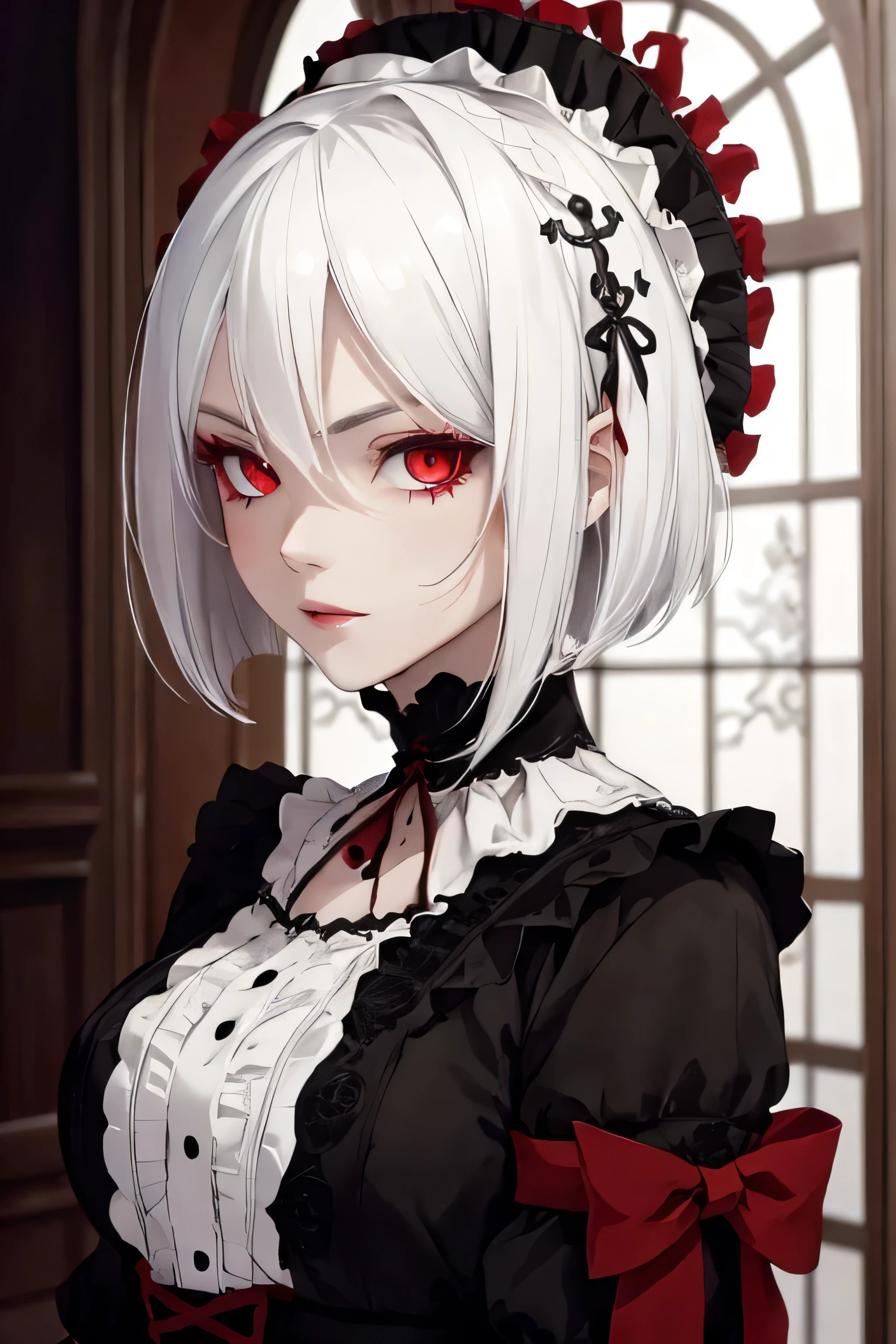 (best quality,high resolution:1.2), super detailed, actual:1.37, A mature and beautiful lady wearing a palace robe, Lace lingerie, A look of disgust on her face，frown, close up of her breasts, white hair, red eyes, and exposed her underwear, The focus is on her plump breasts，Accentuate Chest, Mature and sexy，腹部tattoo，tattoo，red face.