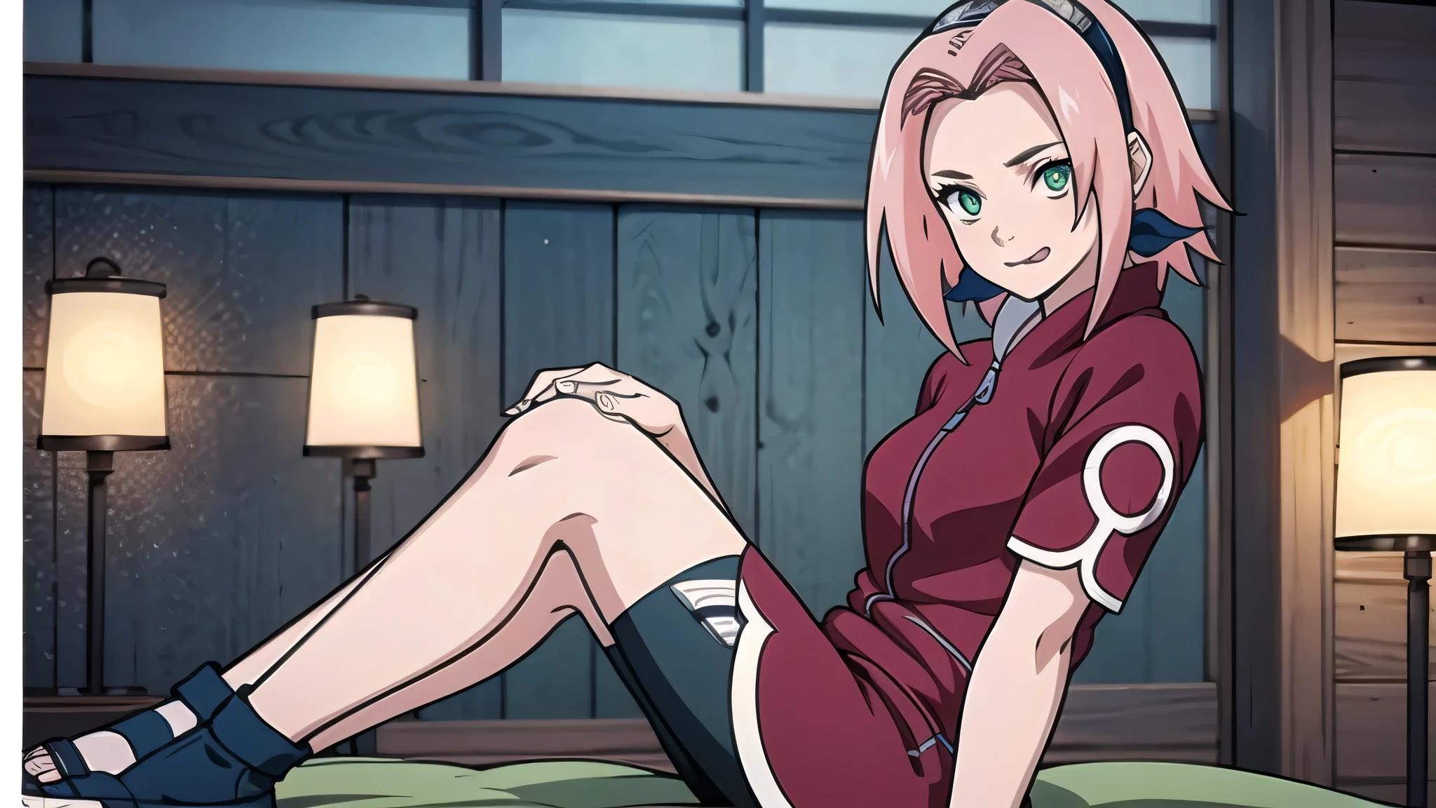 (masterpiece: 1.2), (high quality), 1girl, solo, lying, sakura haruno, pink hair, long hair, green eyes, red clothes, bare bottom, no panty, no underwear, pussy, hairy, black knee high socks , real whole body , realistic , reality , highly detailed , image looks very detailed , UHD quality , 8k lens , 70mm