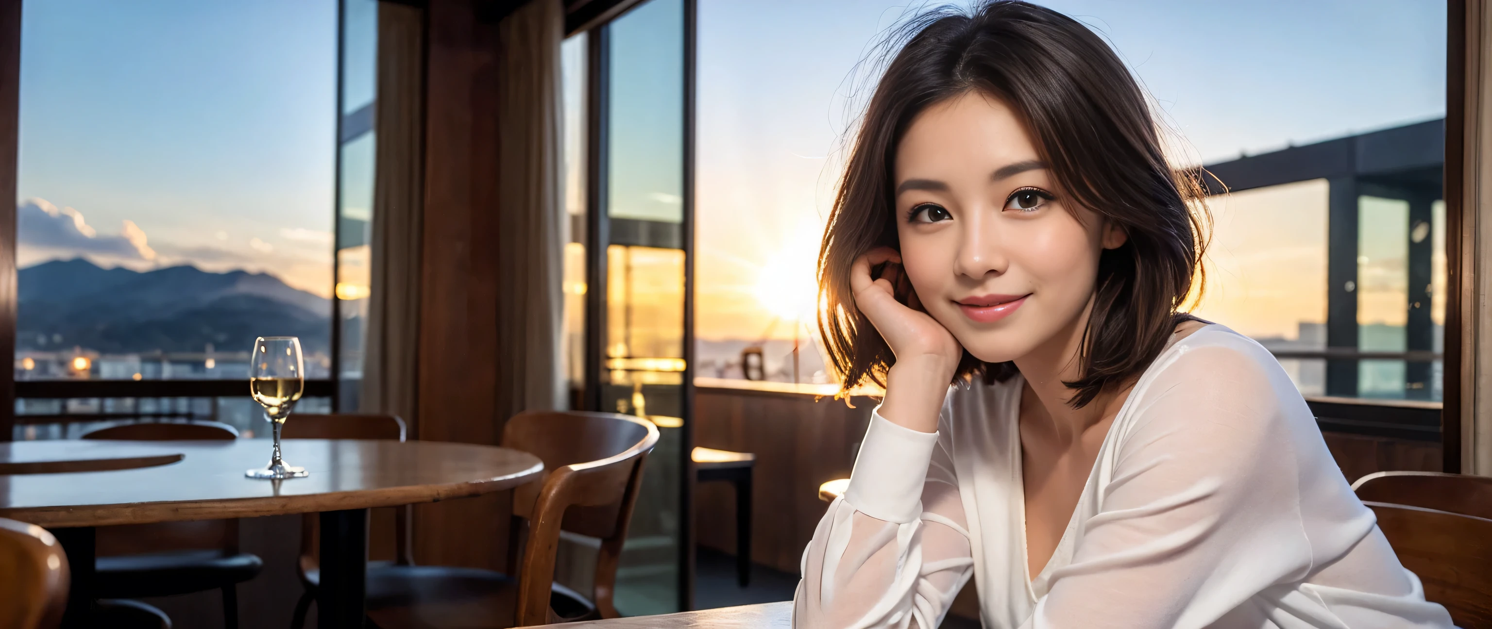 ((highest quality、8k、masterpiece:1.3))、Sharp focus:1.2、Beautiful woman perfect body:1.4、Slim body、((Bob Hale、Straight hair:1.2))、(to be born, highest quality, masterpiece:1.5), (Realistic, Intricate details:1.2), Ultra-high resolution, Shine light on your face、Amazing view of the sunset sky and clouds、Amazing mountain views、A bright smile、wine glass、red wine 、Appetizers、Italian food、Wine bottle、Champagne、sparkling wine、, Beautiful Face, blue eyes, The light shines on your face, Blushing, short hair,Bright Face、Fox face、 (42 years old), 39 years old, Lady、Two beauties、Brown Hair、Shortcuts、Long sleeve shirt、dress、Pretty Woman 1, (Slim face), (The body is slim), (Brown Hair), (Shortcuts), cheeks turn a little red,Attractive beauty、, Out of the window, A beautiful and detailed night view unfolds.........., restaurant, In a prominent place (From the waist up) Nova Frog Style, actress, model, Upper Body, White wine, slim, wine glass, A wine glass placed in the middle, smile, (smile: 1.15), Beautiful fine grain, Depth f/2,saturation, High Contrast, Strong light and shadow,Moist Body:1.5、3D texture、Delicate eyes、Brown Hair、The hair is very shiny、