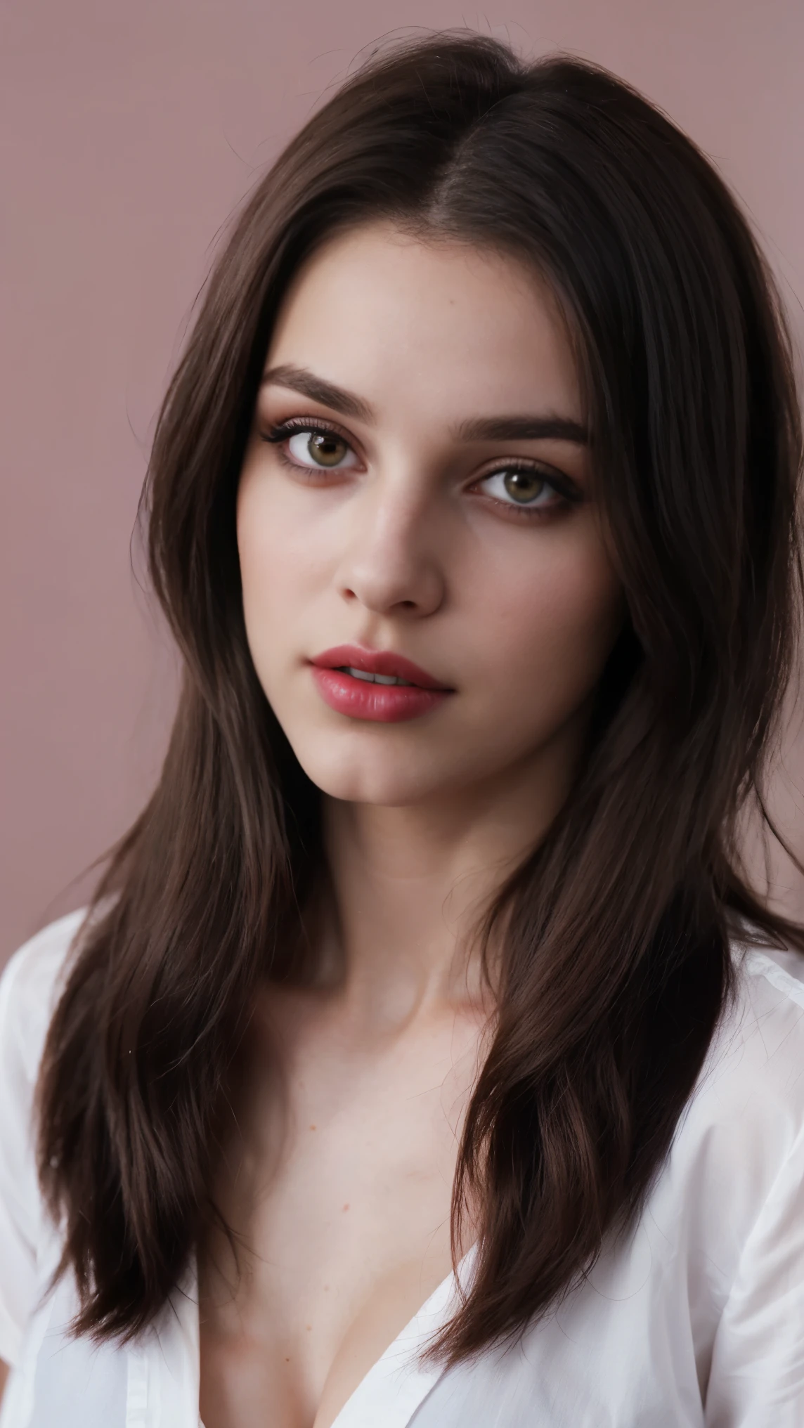 brunette chest length hairstyle, (raw photo), (realism: 1.8), (glossy red lipstick, a lot of eyelashes, dark black eyeshadow, high quality, a high resolution, depth of field, Chromatic aberration, caustic, wide light, dark pink light shiny skin, (19-year-old woman), stylish student, white shirt-blue jeans, a lot of exposure, visible resolution 8k, breast size 3