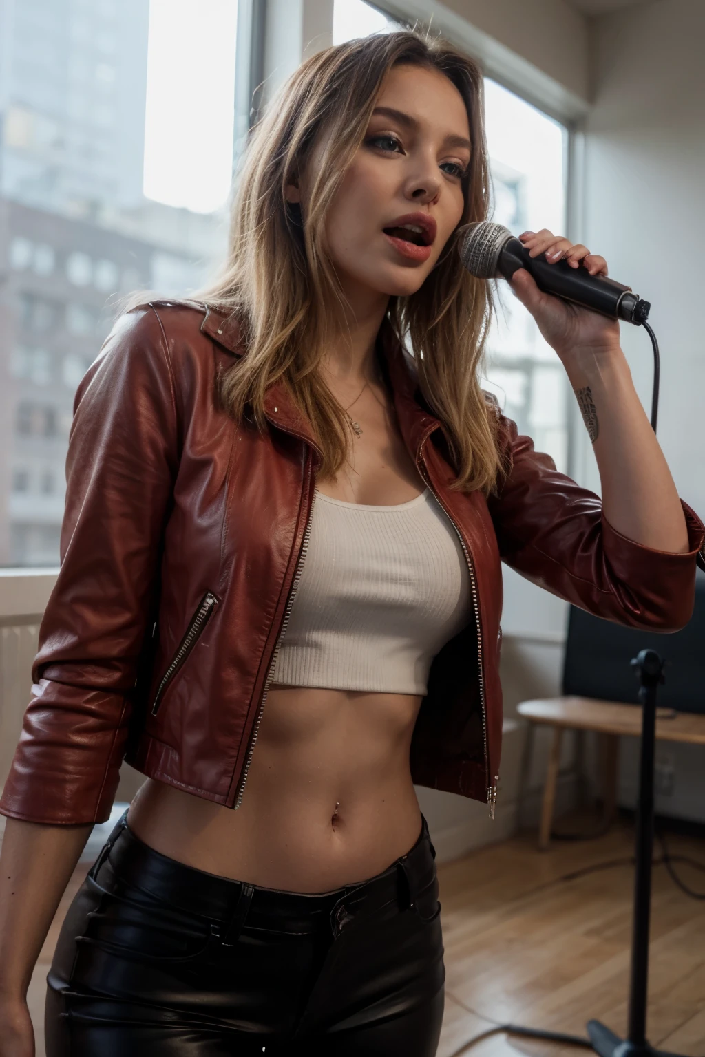 Blonde woman, blue eyes, singing with a microphone, cantando, red leather jacket, black pants, perfect body, ultra-realistic HD, 8K render, realistic, cinematic, photorealistic, Unreal Engine 5, bright sunny day, full screen.