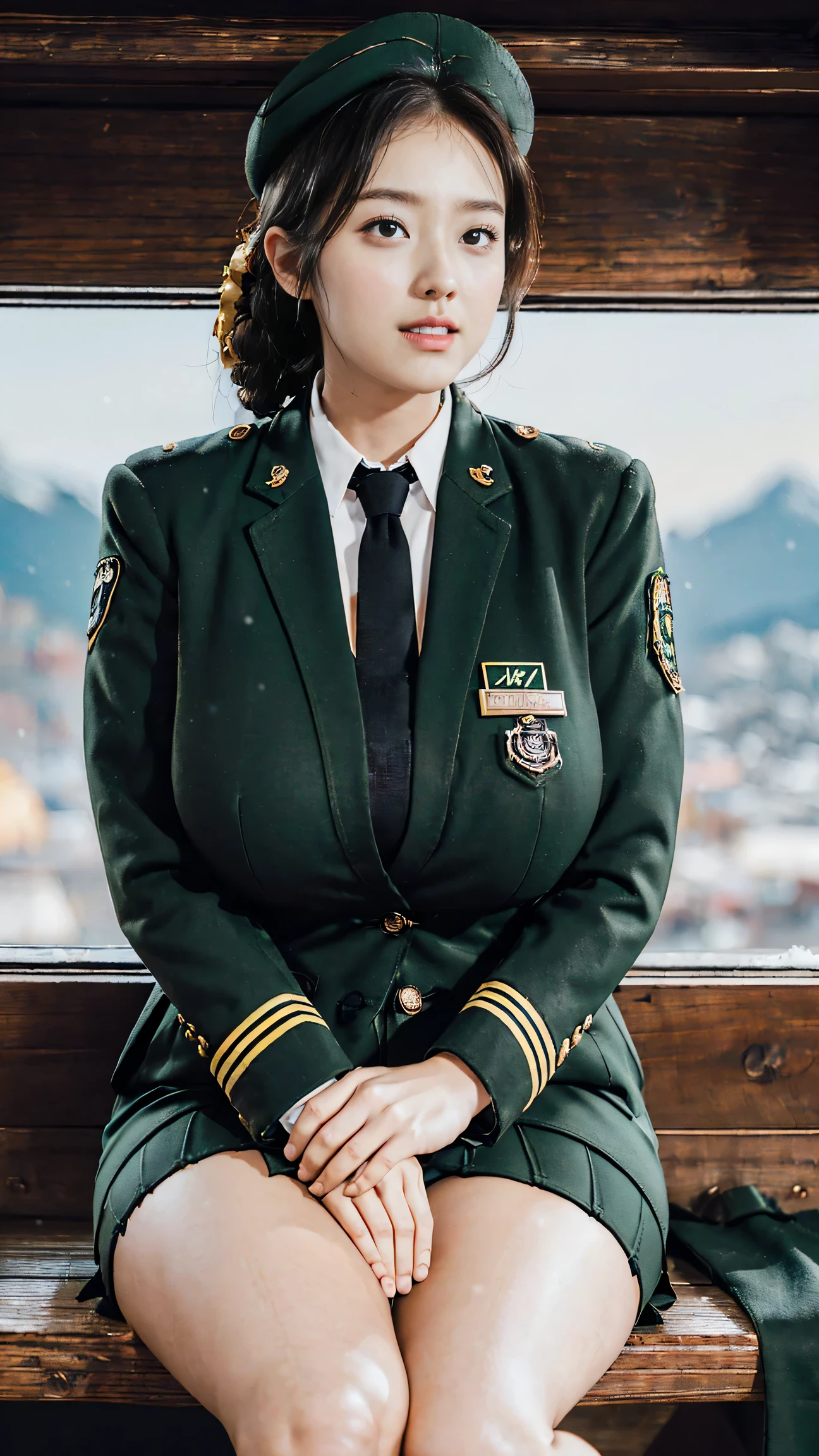 Usually detailed CG Unity 8K wallpaper，（tmasterpiece），（Best quality at best），（ultra - detailed），（ultra real photo），（best character detail：1.36），Nikon D750F / 1.4 55mm，RAW photos，profesional lighting， physically-based renderingt, 1 plump girl, girl soldier，(Dark green military uniform，(Dark green military uniform)，Business suit，Fabric texture military uniform, perfect military composure)，(Wear a plain white shirt under the jacket:1.25)，(black necktie)，((Black panty,))，bare-legged，Plump thighs,military hat，Large wavy curls，Do not tie your hair，Short hair details，Twist braids)，the golden ratio,[:(Have a delicate face:1.2):0.2]:，PureErosFace_V1，Dark thick eyebrows,(gigantic breasts:1.55),(gigantic ass),(Plump thighs:1.45),(Wide crotch:1.55),((Place your finger to your mouth):1.4)，Close-up shot，((Smile full of confidence， shy，On snowy mountains):1.35)，(((Close-up of panties),Close-up of chest,closeup of face,Front view，))，(Sunset sky，gentlesunlight，sunshine on face，(light shining on face)，blue-sky，Sunny smile，light glow)，white teeth，(looking at me)，(((thicc, bbwchan, thick thight, Wide hips, Buttocks swell crazily,🐎🍑,(Spread your legs widely:1.2),attractive pose,sexy pose,there  a woman in uniform sitting on a platform with her legs crossed, bare thighs, bare legs, seductive smile, film grain, cinematic lighting) )，azur lane style),spread legs,