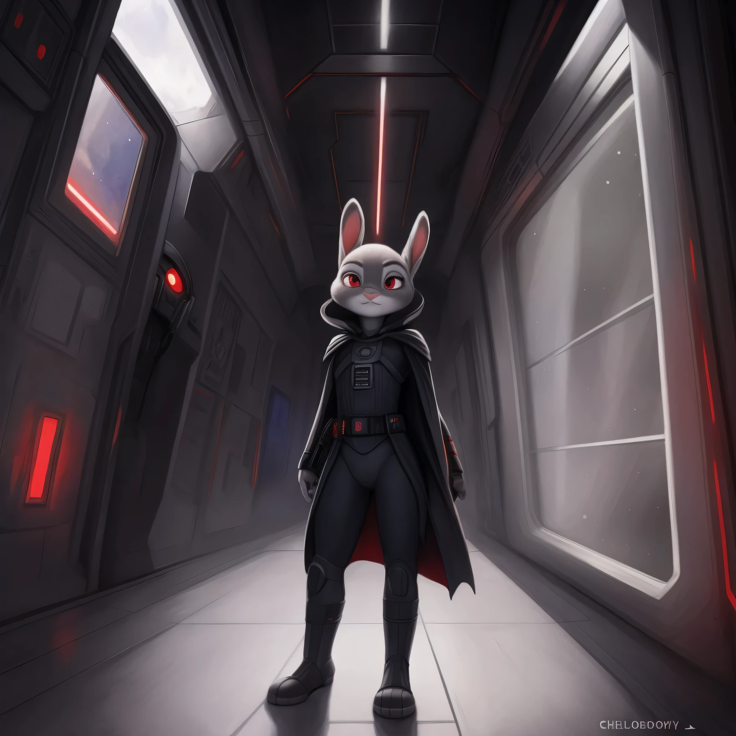 By chelodoy, Judy Hopps, red eyes, glowing eyes, pokerface, ready to attack, red lightsaber, black cape, Darth Vaders outfit, in the shadow, spaceship corridor, window, space 