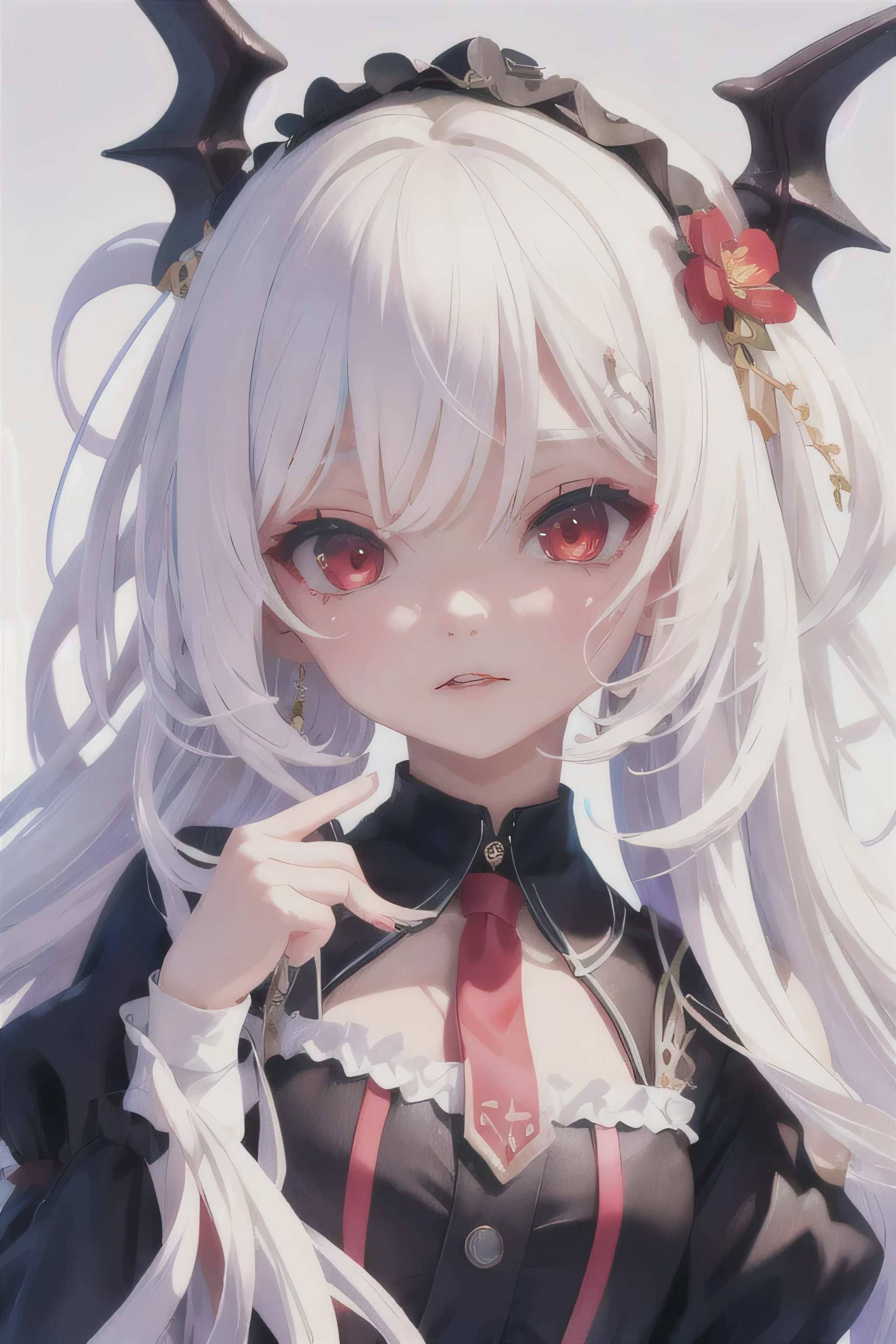 ((highest quality)), ((masterpiece)), (detailed), Perfect Face,white hair,Red eyes,Black clothes,Fair skin,Bob,Gothic Lolita,dragon,