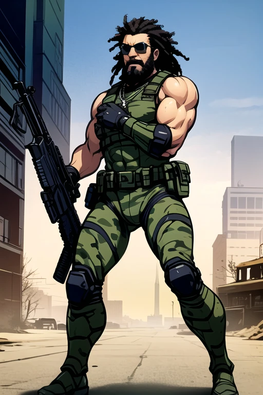 Destroyer, ((best quality)), ((Masterpiece)), (detailed), perfect face, strong man, african, muscular,
bearded, sunglasses, tall, military clothing, armor, camouflage, grenades,Anti-tank Rocket
Launcher Weapon Vector Set, swat,
green tactical suit, cyberpunk, black men, sleeveless, tipo duro, future armor, grandes,
heavy weaponry, strong arms, rastafari, swat, black hair, black boots, military necklace,
((black skin,)) black armor, ((pixelated camouflage M09,)) ((grenades hanging on the chest,))
((black future armor,))