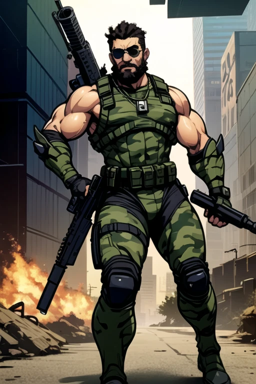 Destroyer, ((best quality)), ((Masterpiece)), (detailed), perfect face, strong man, african, muscular,
bearded, sunglasses, tall, military clothing, armor, camouflage, grenades,Anti-tank Rocket
 Launcher Weapon Vector Set, swat, 
green tactical suit, cyberpunk, black men, sleeveless, tipo duro, future armor, grandes,
heavy weaponry, strong arms, rastafari, swat, black hair, black boots, military necklace, 
((black skin,)) black armor, ((pixelated camouflage M09,))  ((grenades hanging on the chest,))
((black future armor,)) 